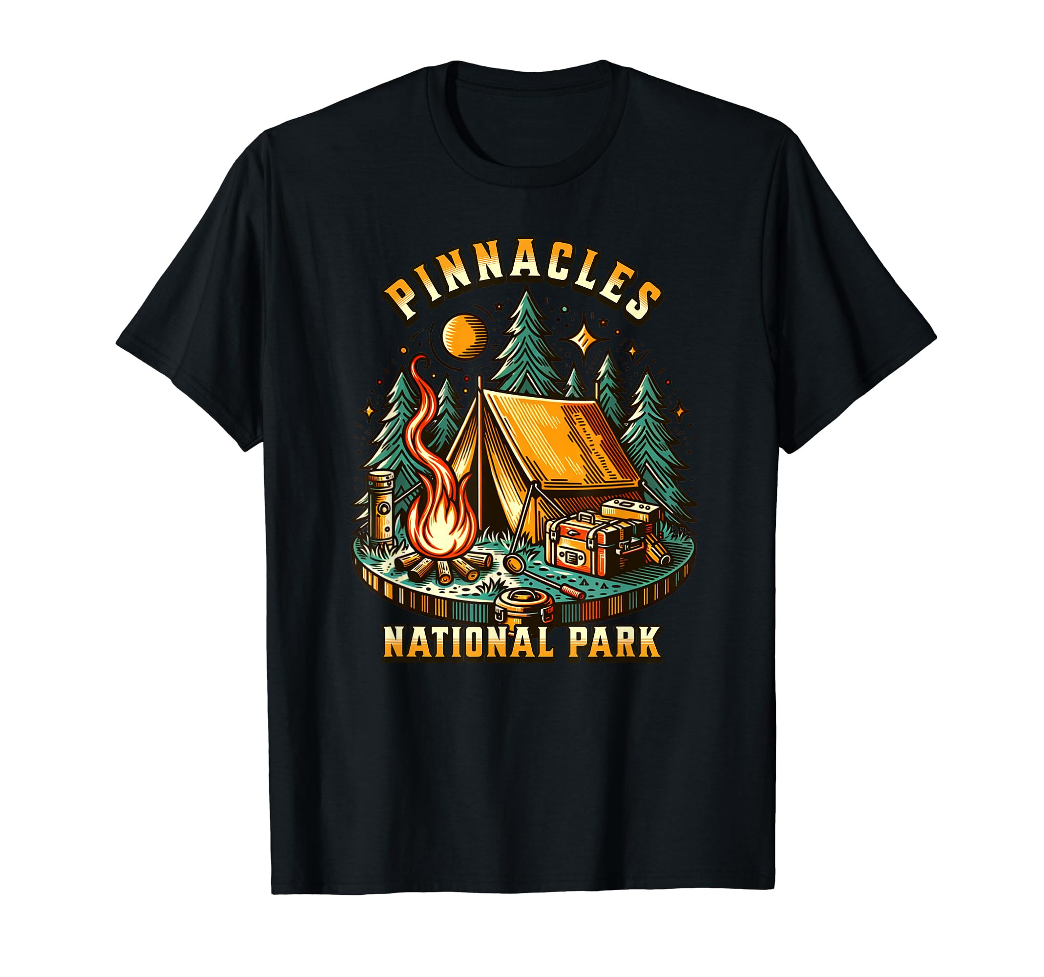 Camping Forest Tent Campfire Pinnacles T-Shirt - Trendy Graphic Unisex - T-Shirt, Sweatshirt, Hoodie