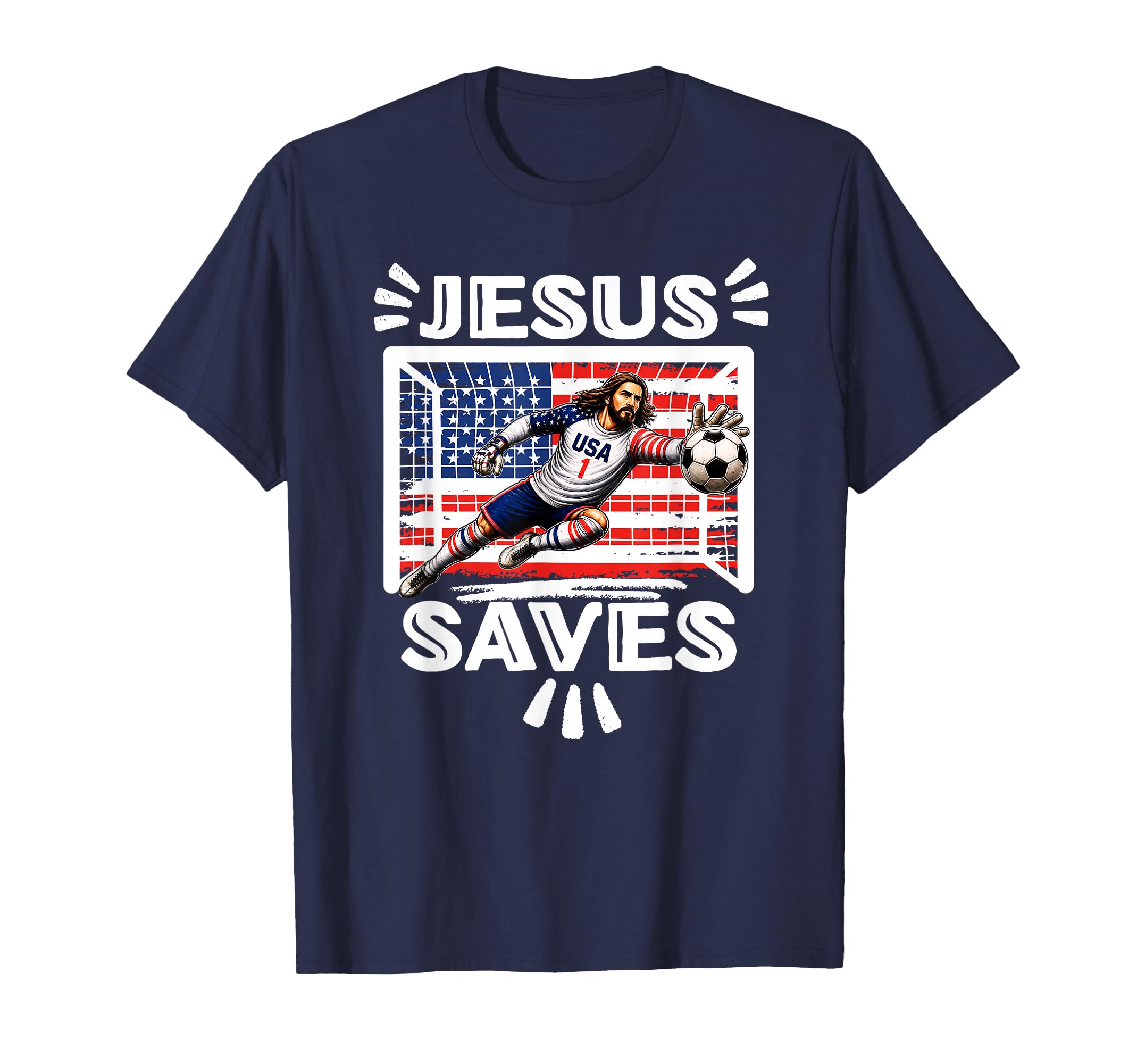 Funny Soccer Jesus Saves Usa Flag T-Shirt - Fun Novelty Design for Adults - T-Shirt, Sweatshirt, Hoodie