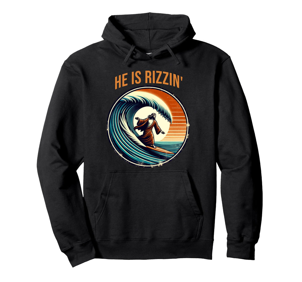 He Is Rizzin Funny Jesus Surfing Easter Hoodie - Aesthetic Graphic Unisex - T-Shirt, Sweatshirt, Hoodie