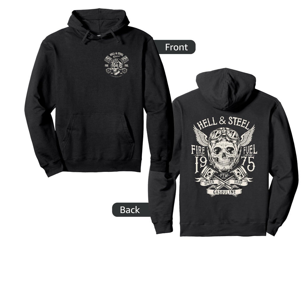 2 Sided Hell And Steel Skull Pistons Hoodie - Casual Everyday Wear Unisex - T-Shirt, Sweatshirt, Hoodie