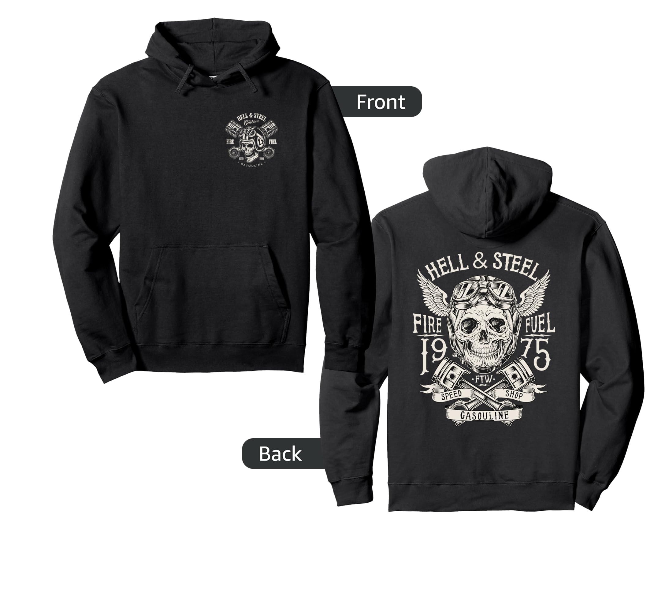 2 Sided Hell And Steel Skull Pistons Hoodie - Casual Everyday Wear Unisex - T-Shirt, Sweatshirt, Hoodie