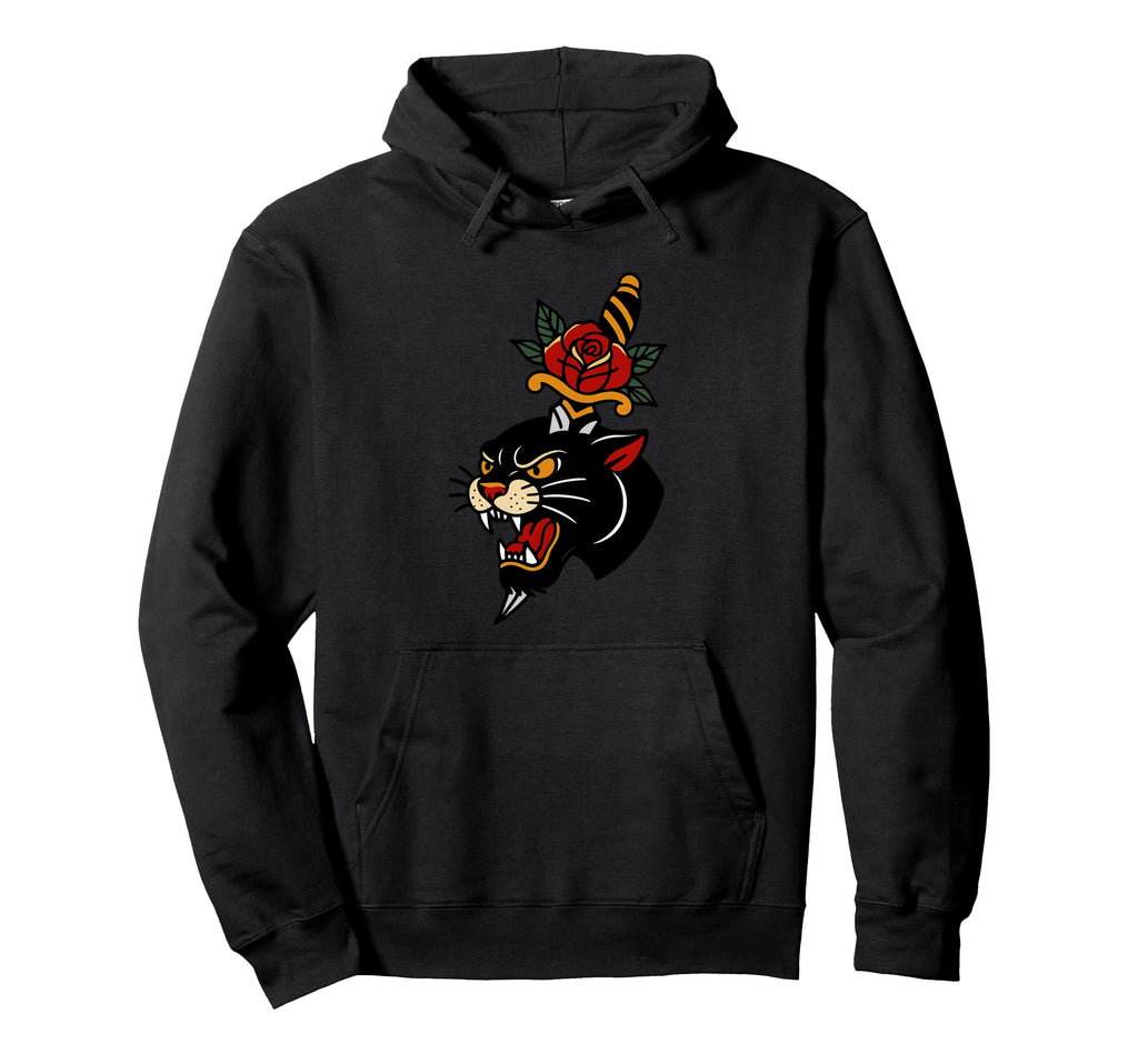 Black Panther Head Tattoo Dagger Rose Hoodie - Unique Graphic Men Women - T-Shirt, Sweatshirt, Hoodie