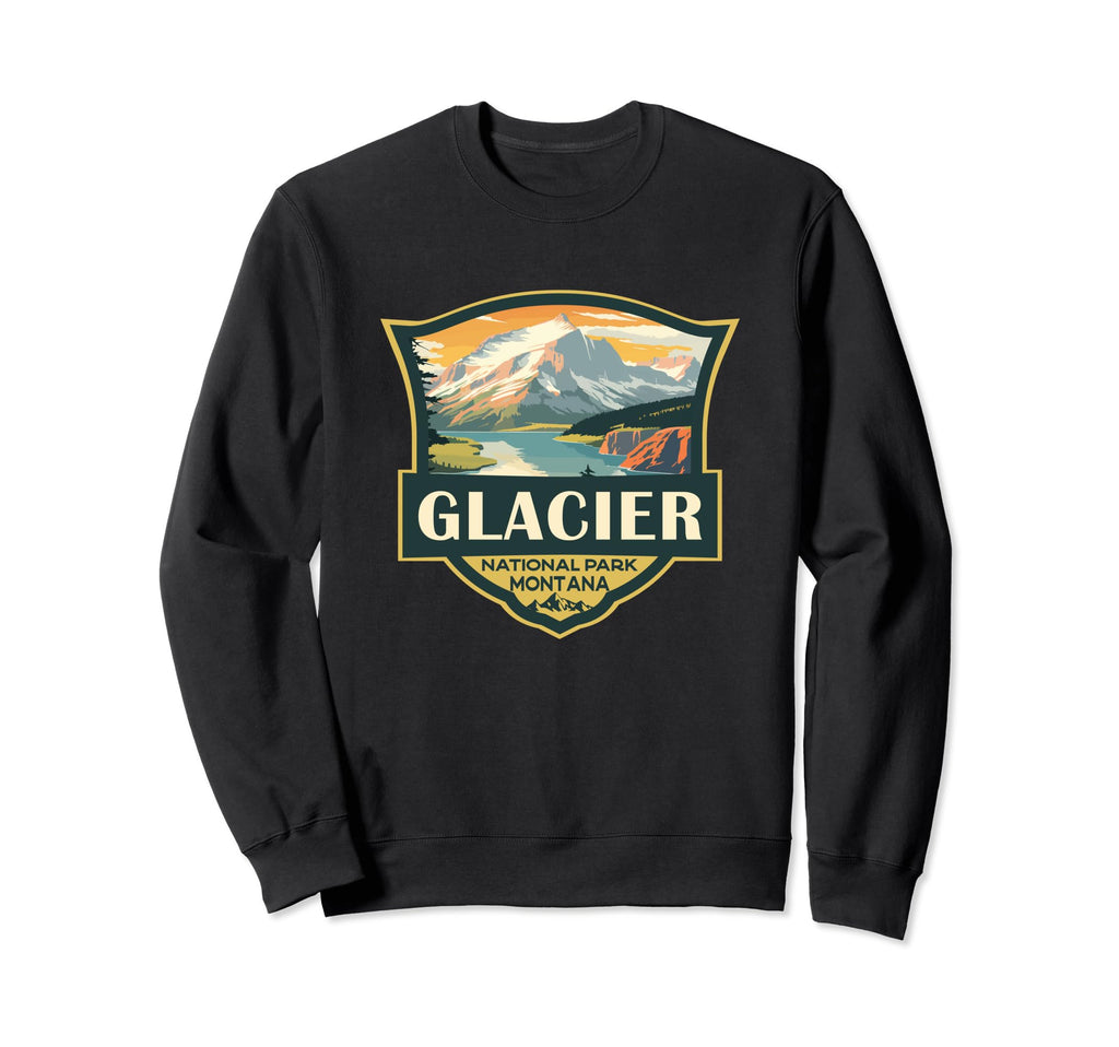 Glacier National Park Illustration Badge Sweatshirt - Unique Graphic Unisex - T-Shirt, Sweatshirt, Hoodie