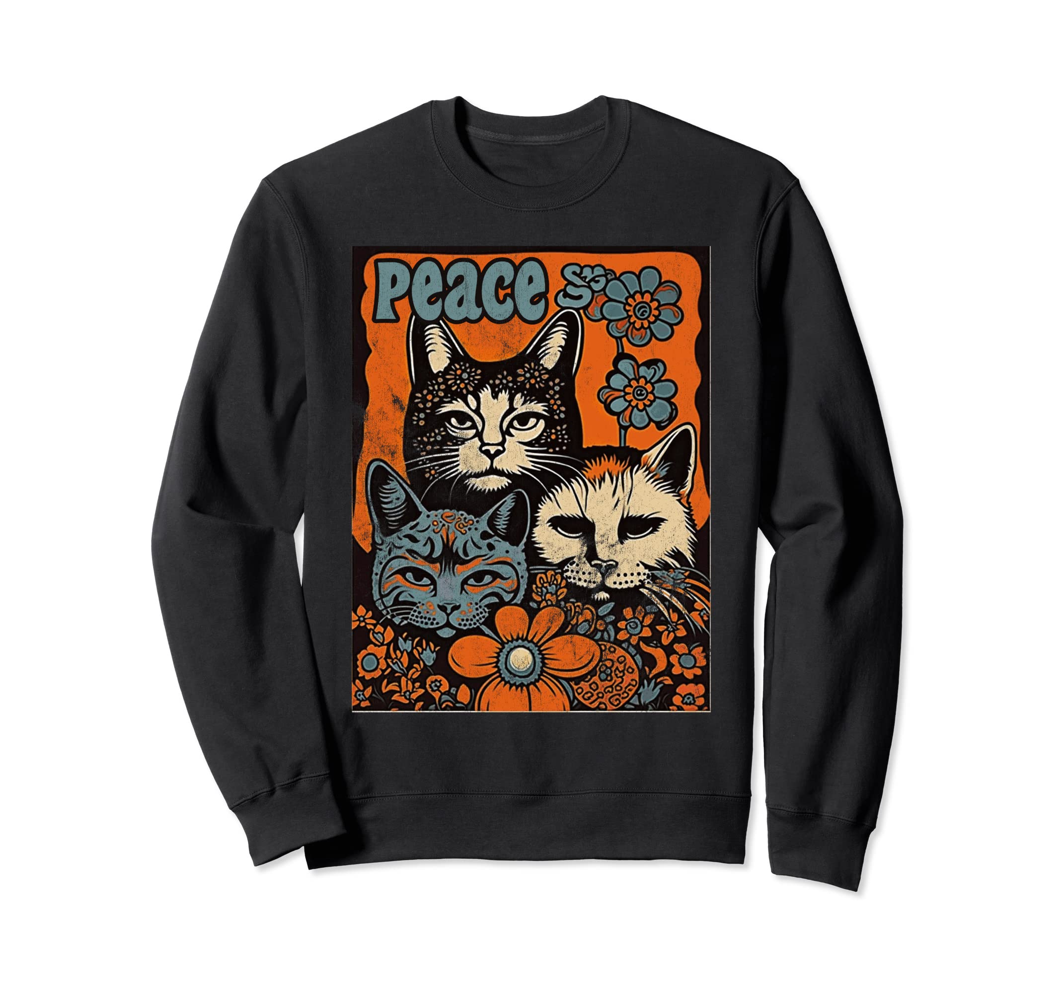 Cat Funny 60S 70S Hippie Flowers Sweatshirt - Graphic Print for Adults - T-Shirt, Sweatshirt, Hoodie