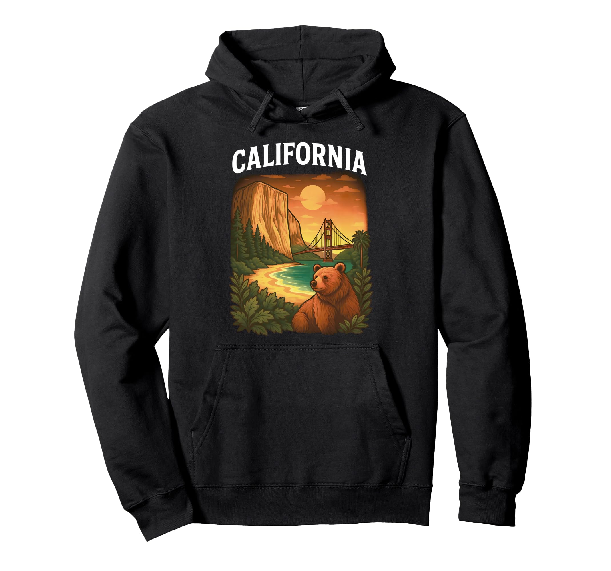 California Bear Golden Gate Yosemite Sunset Hoodie - Unique Graphic Unisex - T-Shirt, Sweatshirt, Hoodie