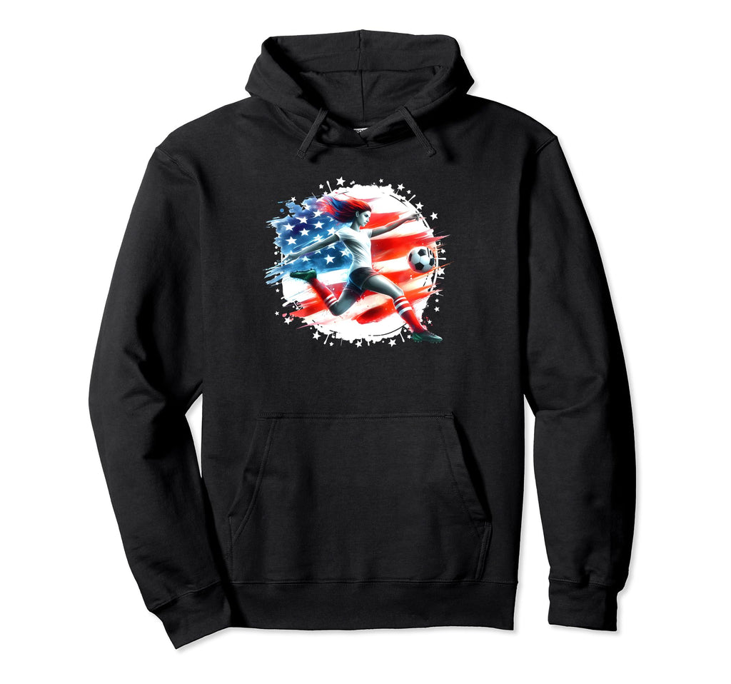 American Flag Soccer Player Womens Hoodie - Novelty Apparel for Adults - T-Shirt, Sweatshirt, Hoodie
