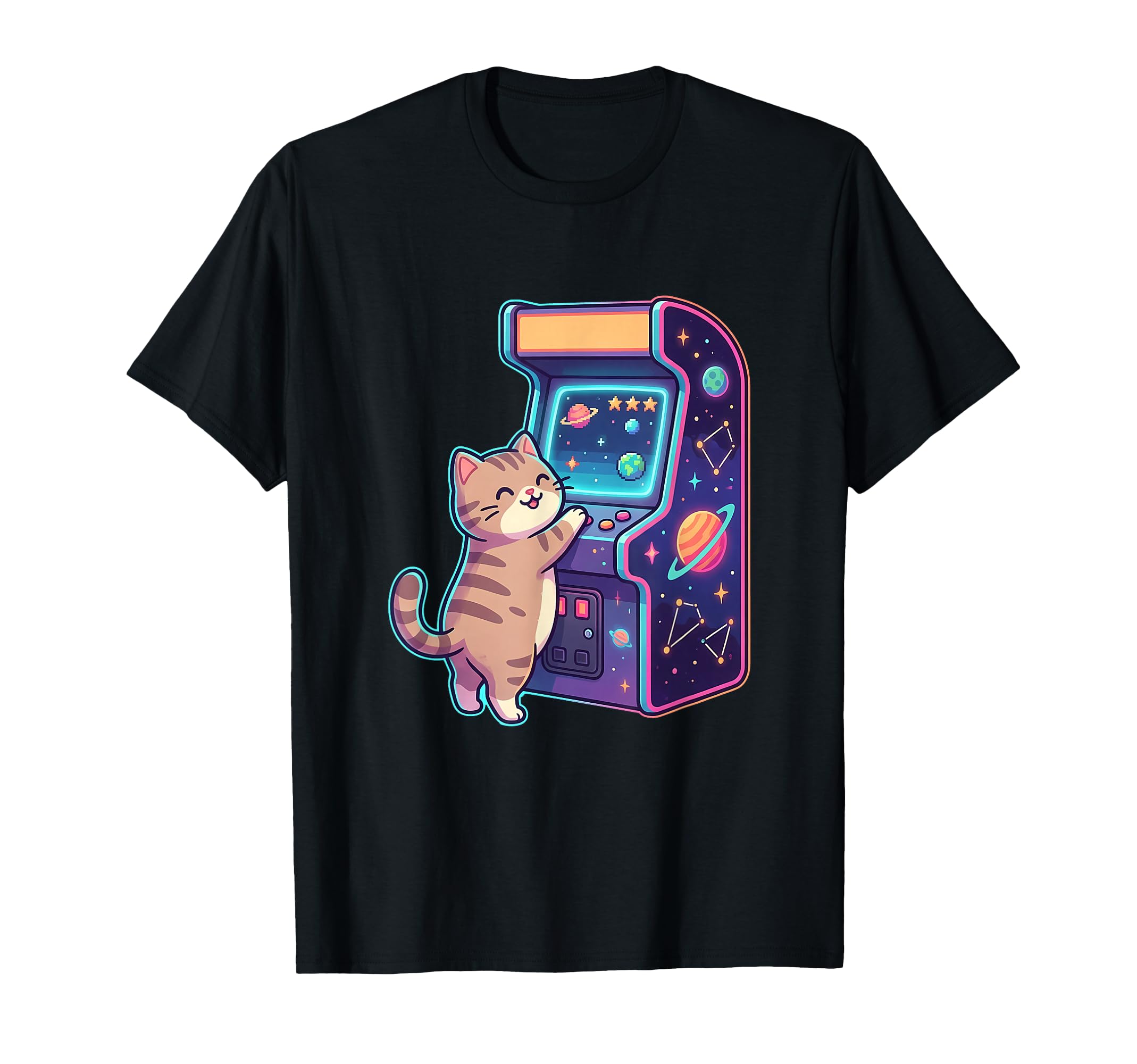 Cat Playing Space Arcade Illustration T-Shirt - Unique Graphic Unisex - T-Shirt, Sweatshirt, Hoodie