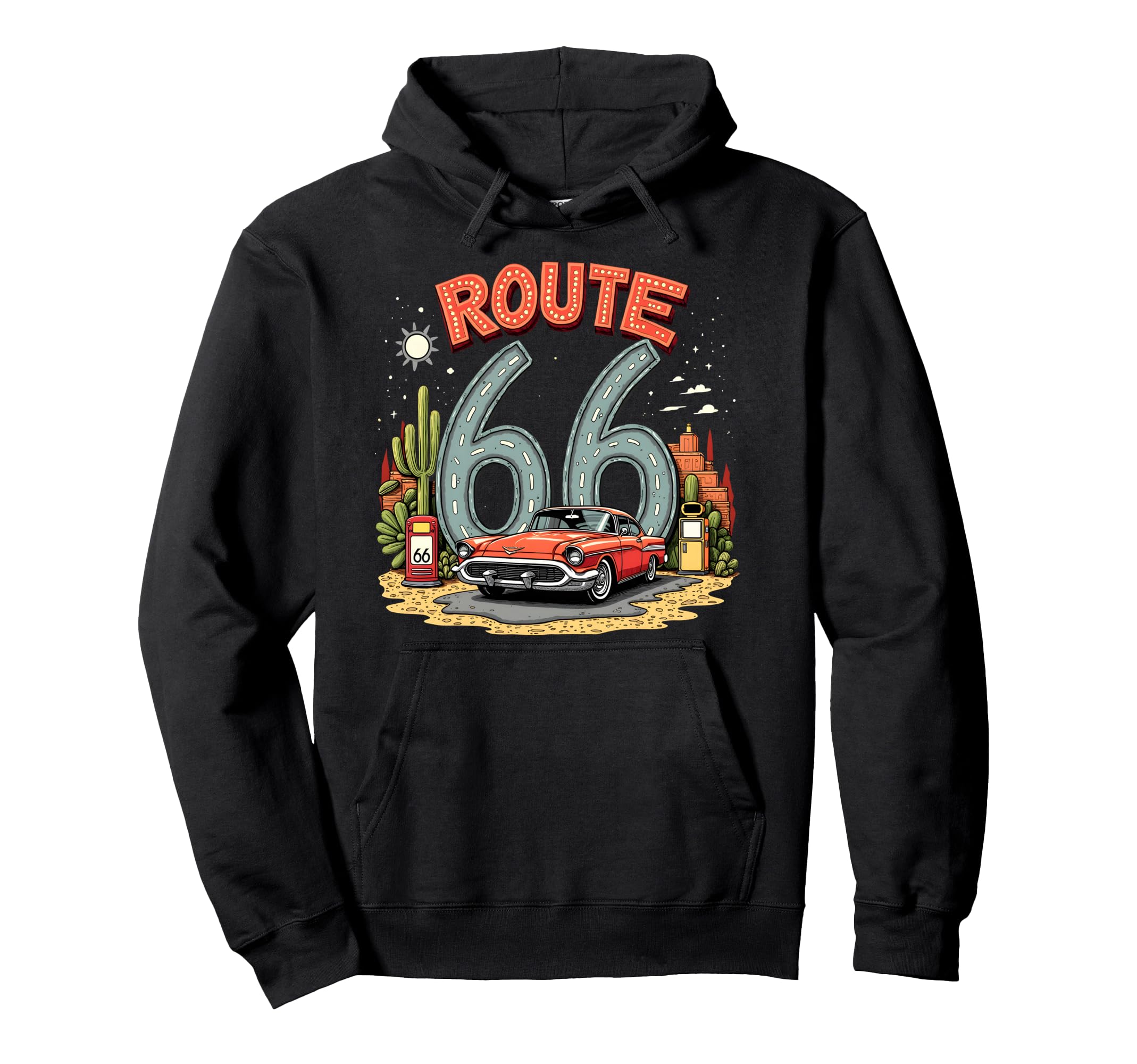 Desert Road Trip Route 66 Red Car Hoodie - Custom Art Print Men Women - T-Shirt, Sweatshirt, Hoodie
