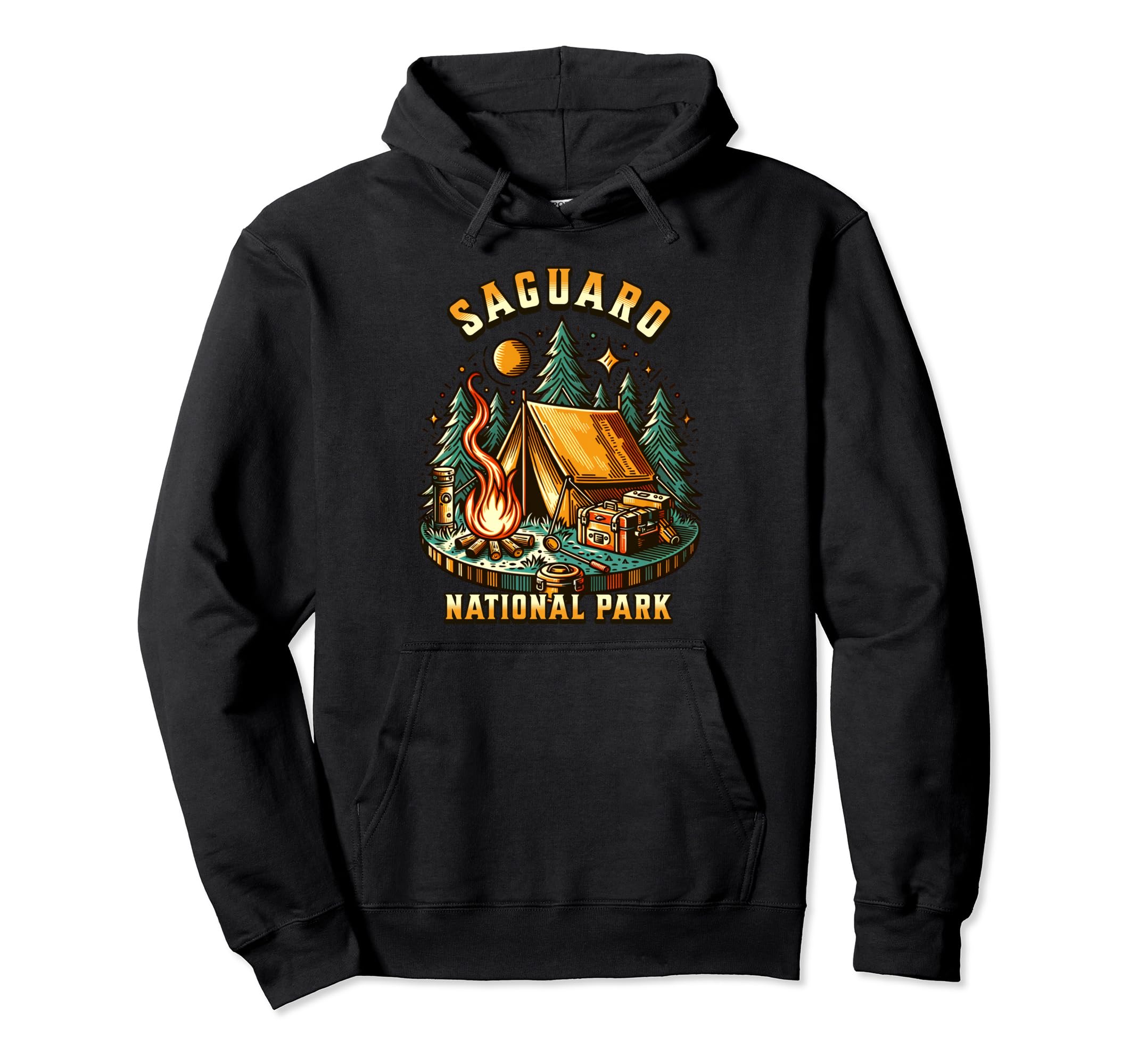 Camping Forest Tent Campfire Saguaro Hoodie - Custom Art Print Unisex - T-Shirt, Sweatshirt, Hoodie