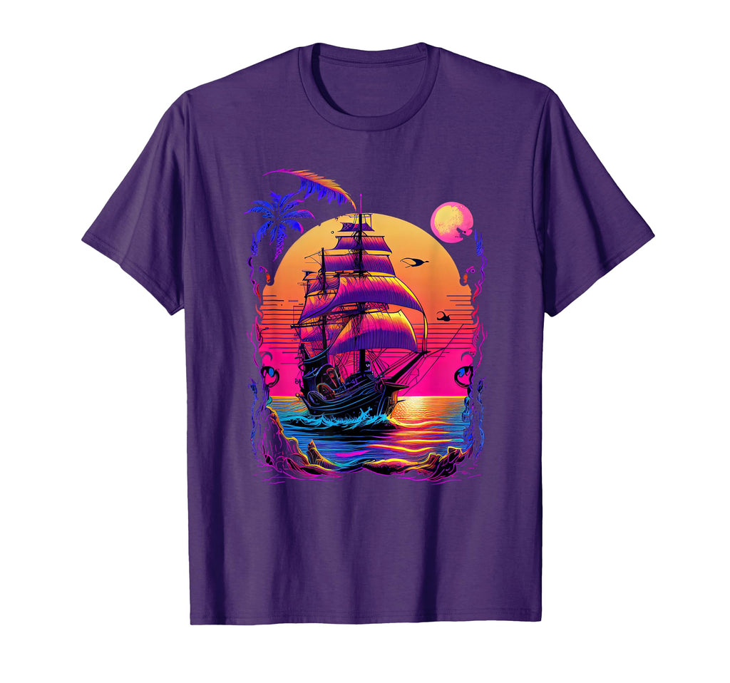 Synthwave Retrowave Pirate Ship Colorful T-Shirt - Minimalist Print Unisex - T-Shirt, Sweatshirt, Hoodie