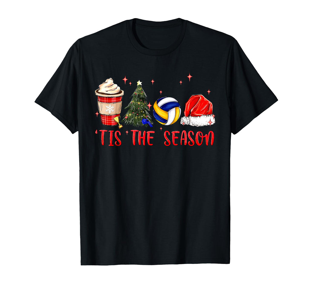 Tis Season Volleyball Coffee Santa Hat T-Shirt - Unique Graphic for Adults - T-Shirt, Sweatshirt, Hoodie