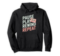 Funny Pause Play Rewind Repeat Cassette Hoodie - Custom Art Print Unisex - T-Shirt, Sweatshirt, Hoodie