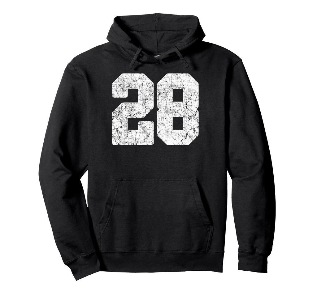 Distressed White Number 28 Jersey Player Hoodie - Unique Graphic Unisex - T-Shirt, Sweatshirt, Hoodie