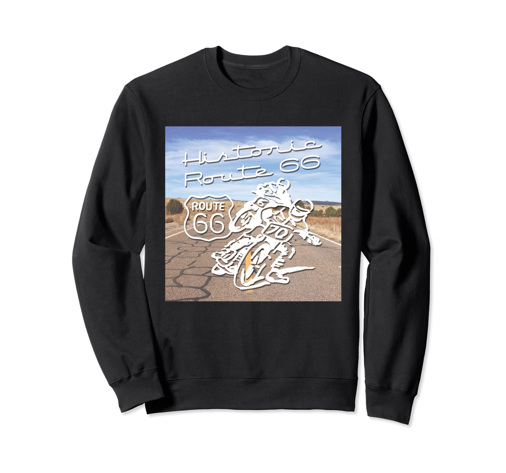 Route 66 Historic Motorcycles Sweatshirt - Graphic Print Unisex - T-Shirt, Sweatshirt, Hoodie