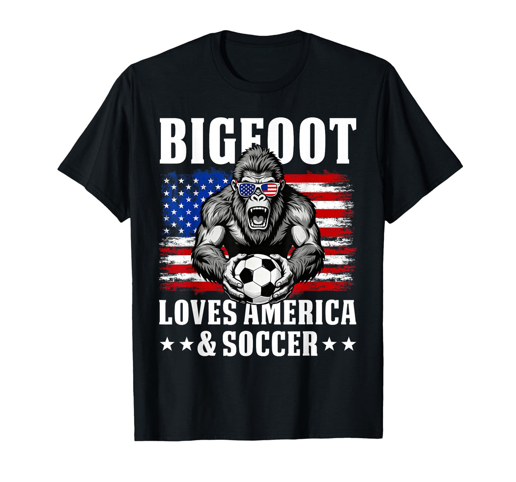 Bigfoot Loves America And Soccer T-Shirt - Fun Novelty Design for Adults - T-Shirt, Sweatshirt, Hoodie