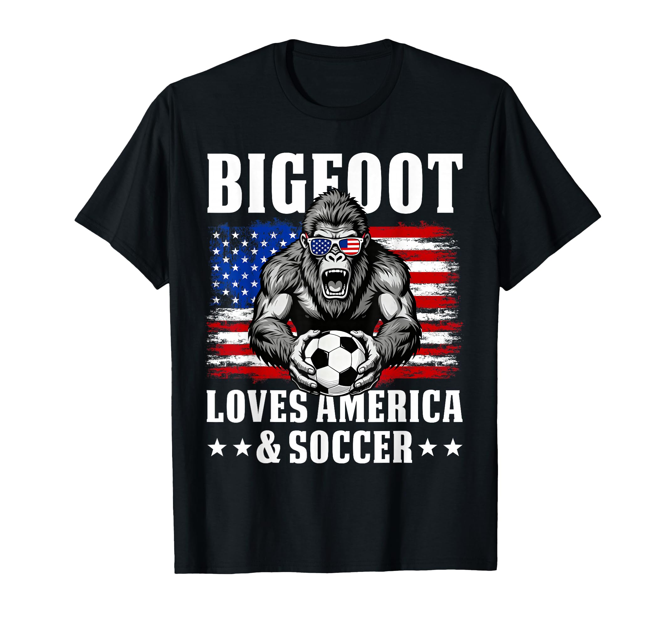 Bigfoot Loves America And Soccer T-Shirt - Fun Novelty Design for Adults - T-Shirt, Sweatshirt, Hoodie