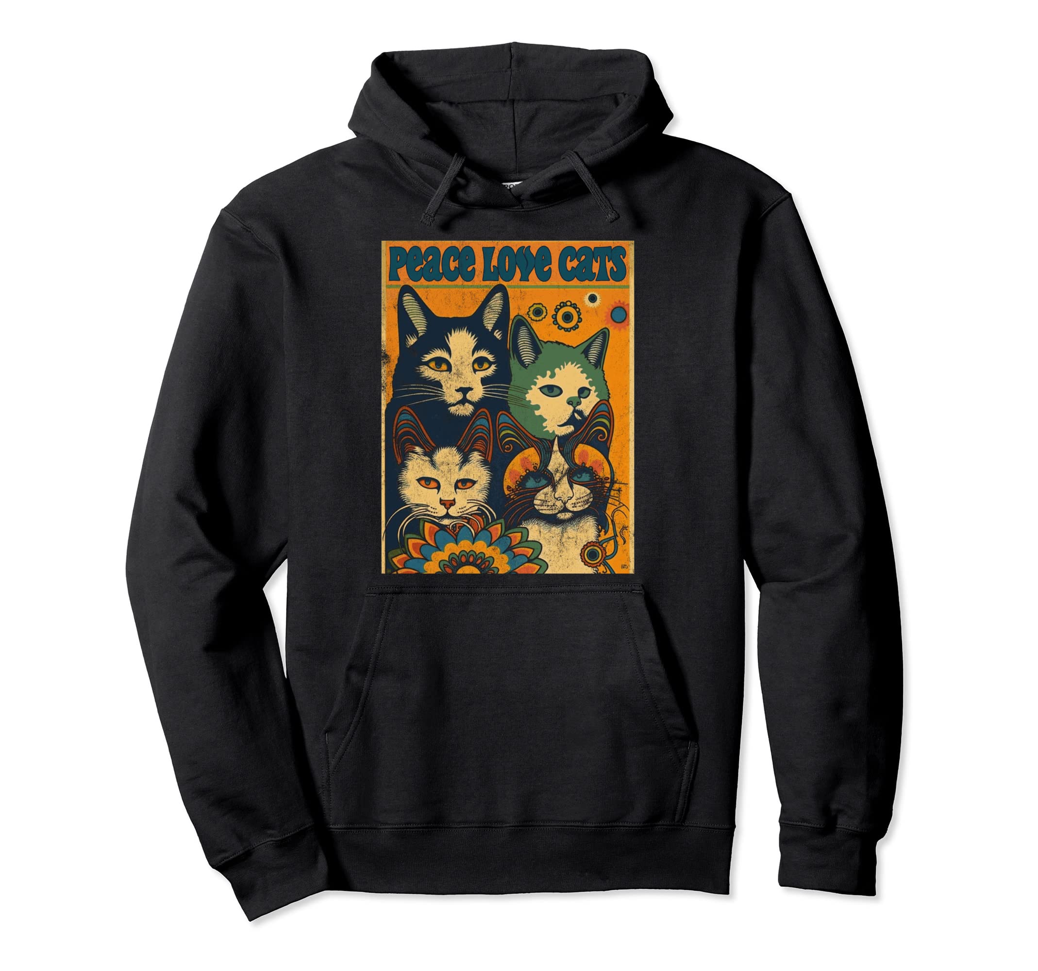 Cat Funny 60S 70S Hippie Flowers Hoodie - Casual Everyday Wear Men Women - T-Shirt, Sweatshirt, Hoodie