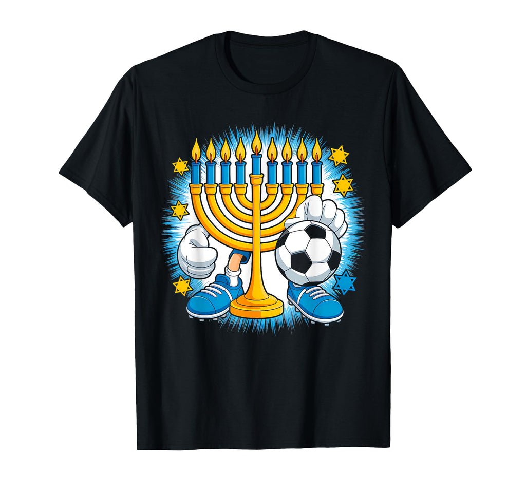 Menorah Playing Soccer Happy Hanukkah T-Shirt - Unique Graphic Men Women - T-Shirt, Sweatshirt, Hoodie