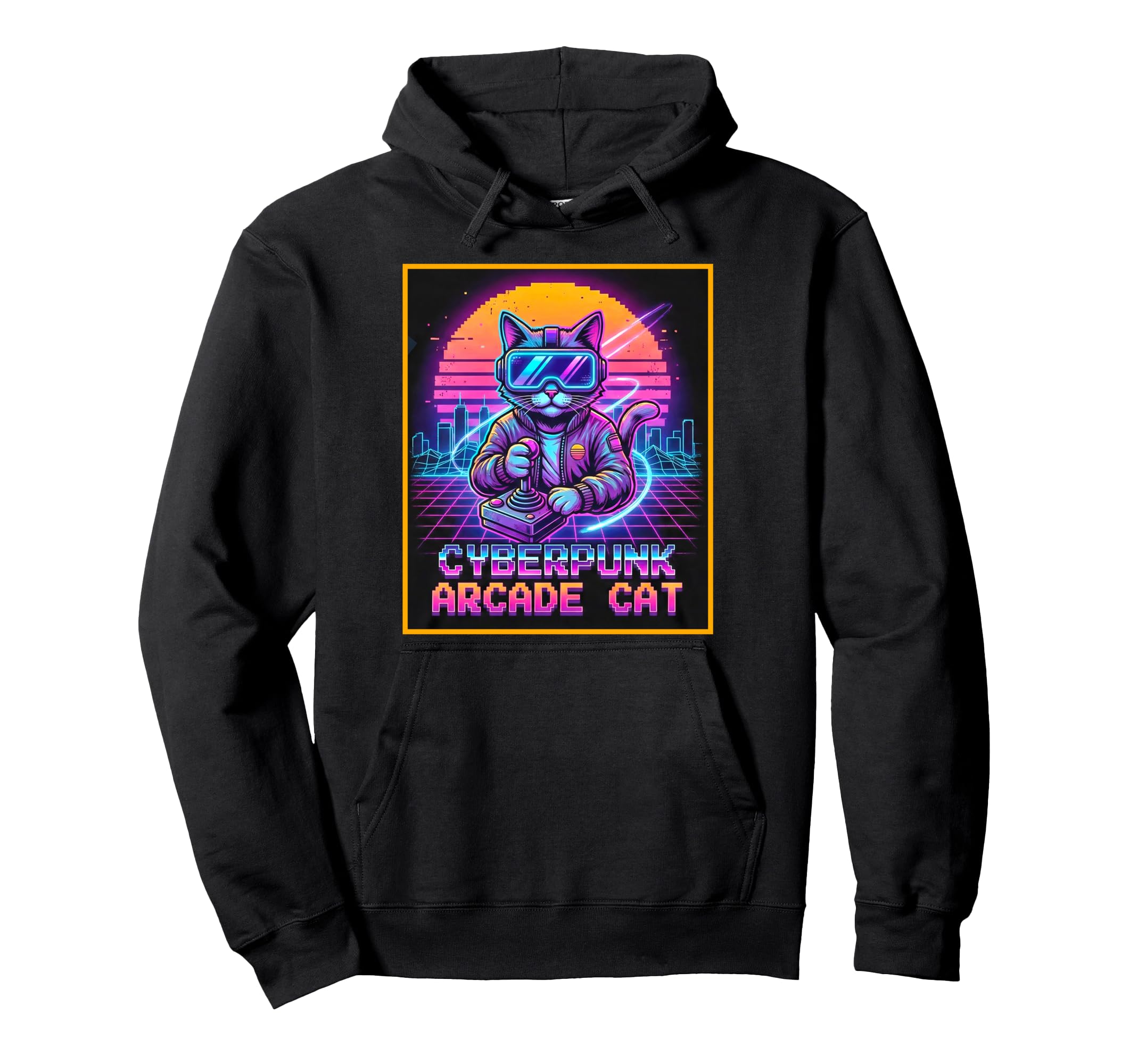 Cyberpunk Arcade Cat Synthwave Gamer Kitty Hoodie - Unique Graphic Unisex - T-Shirt, Sweatshirt, Hoodie