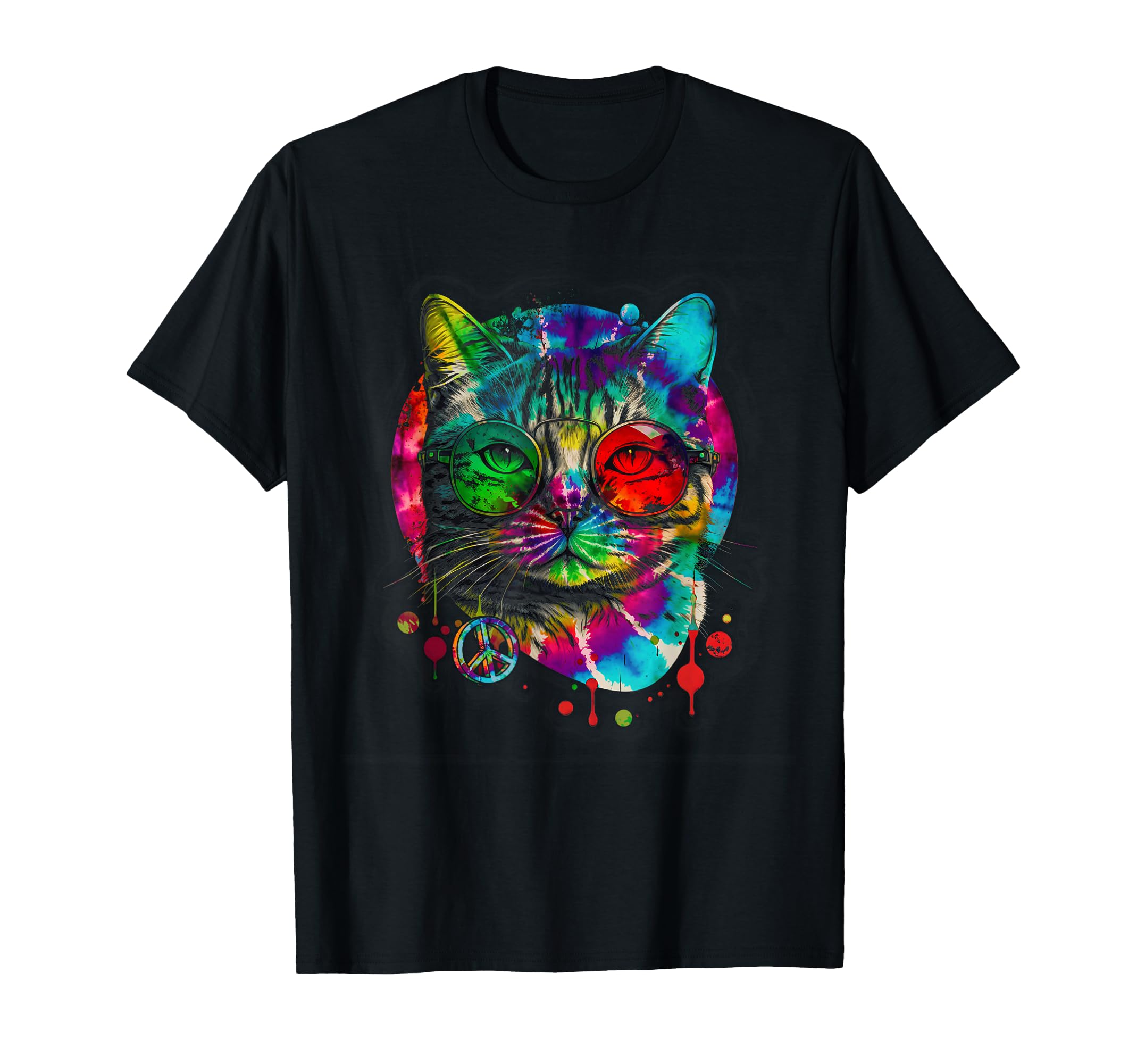 Hippie Cat Tie Dye Peace Sign 60S T-Shirt - Unique Graphic for Adults - T-Shirt, Sweatshirt, Hoodie