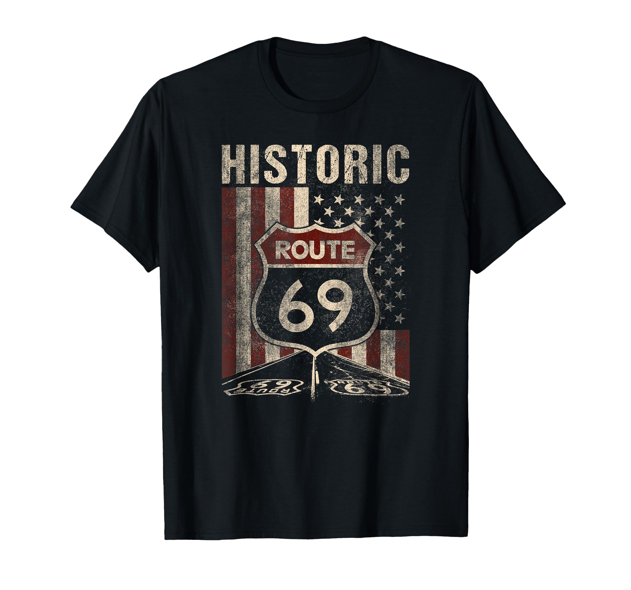 Historic Route 69 Americana Usa Flag Funny T-Shirt - Novelty Apparel Unisex - T-Shirt, Sweatshirt, Hoodie