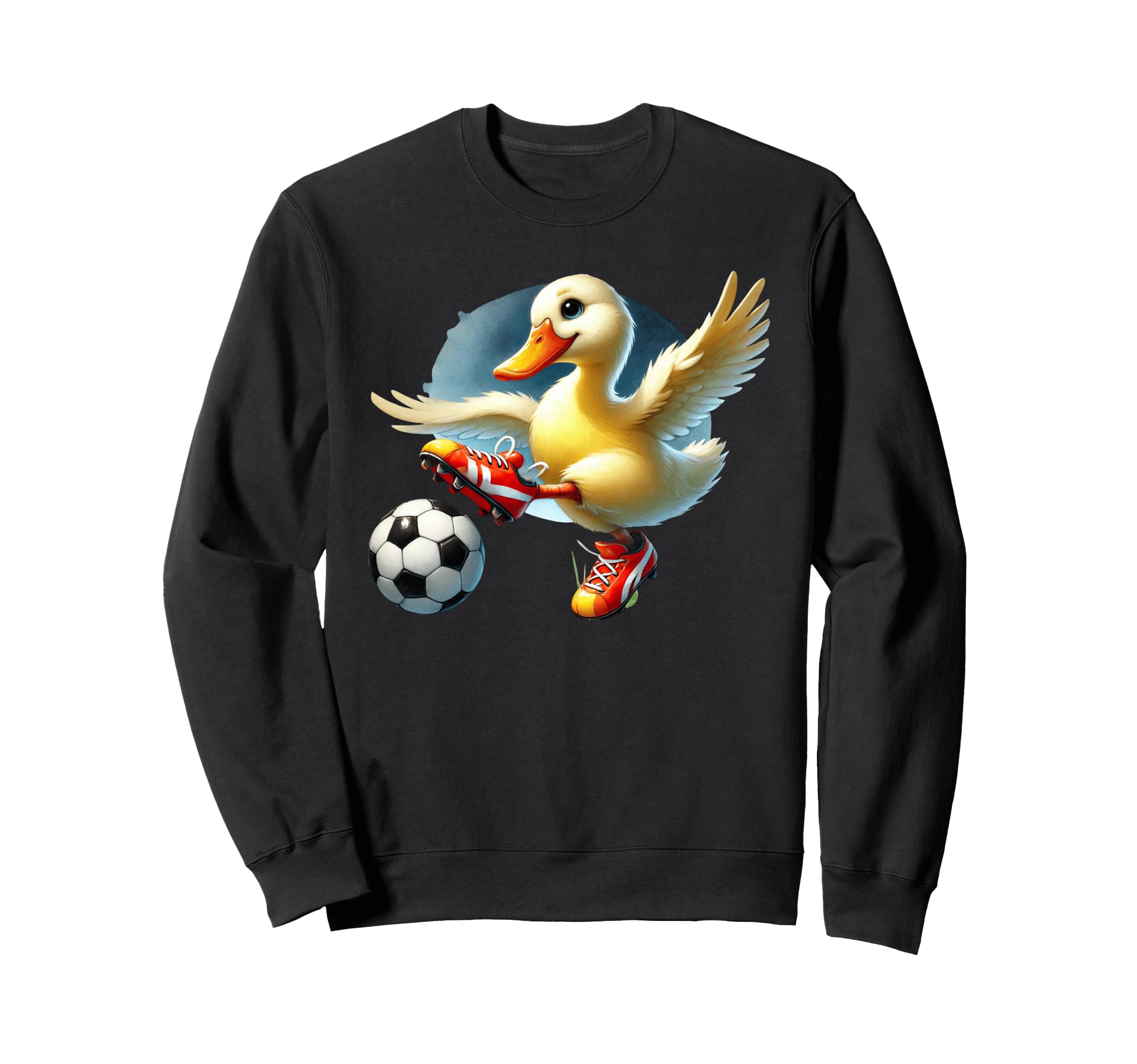 Cartoon Duck Soccer Player Kicking Sweatshirt - Unique Graphic for Adults - T-Shirt, Sweatshirt, Hoodie