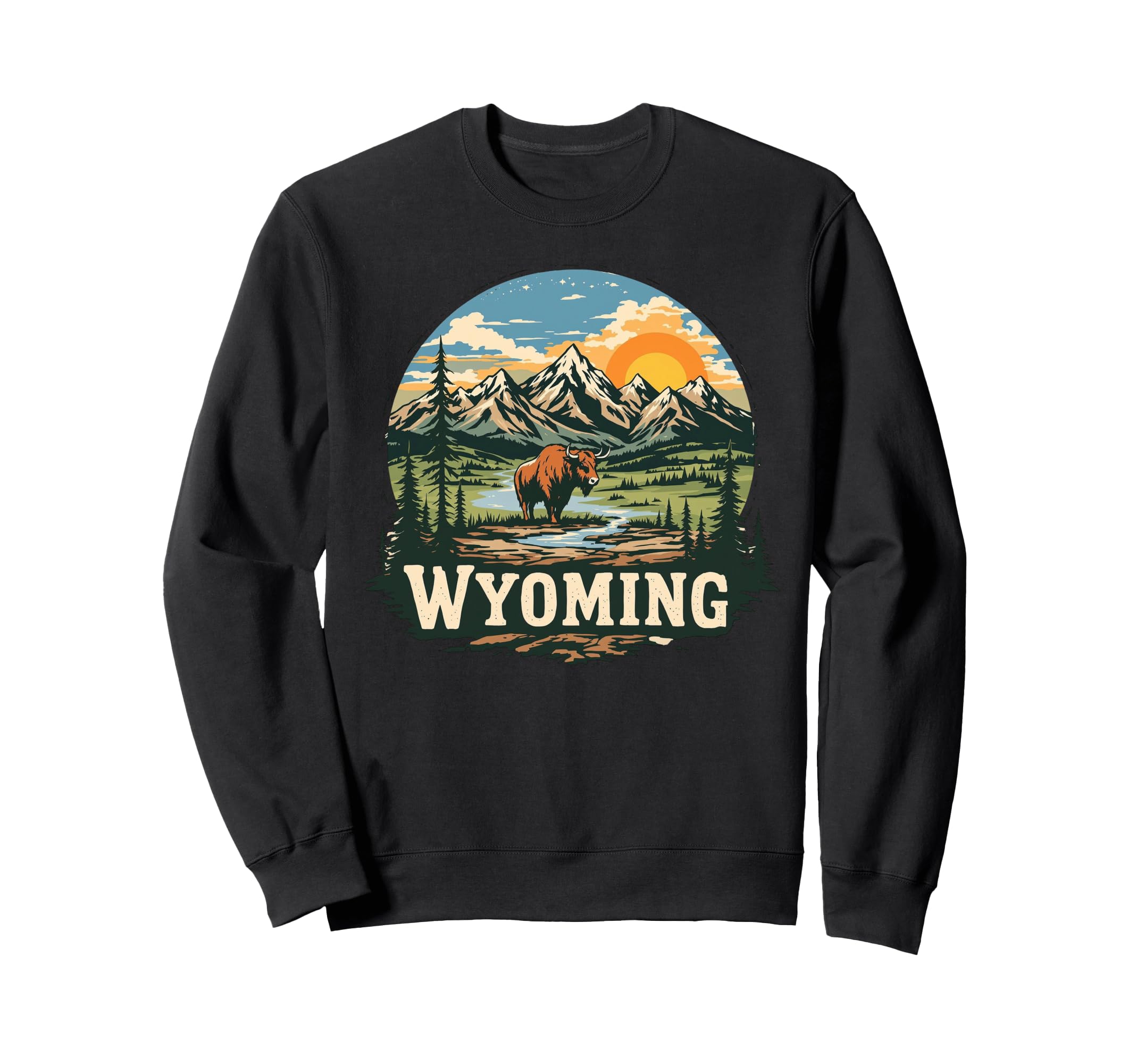 Wyoming Mountains And Buffalo Nature Sweatshirt - Trendy Graphic Men Women - T-Shirt, Sweatshirt, Hoodie