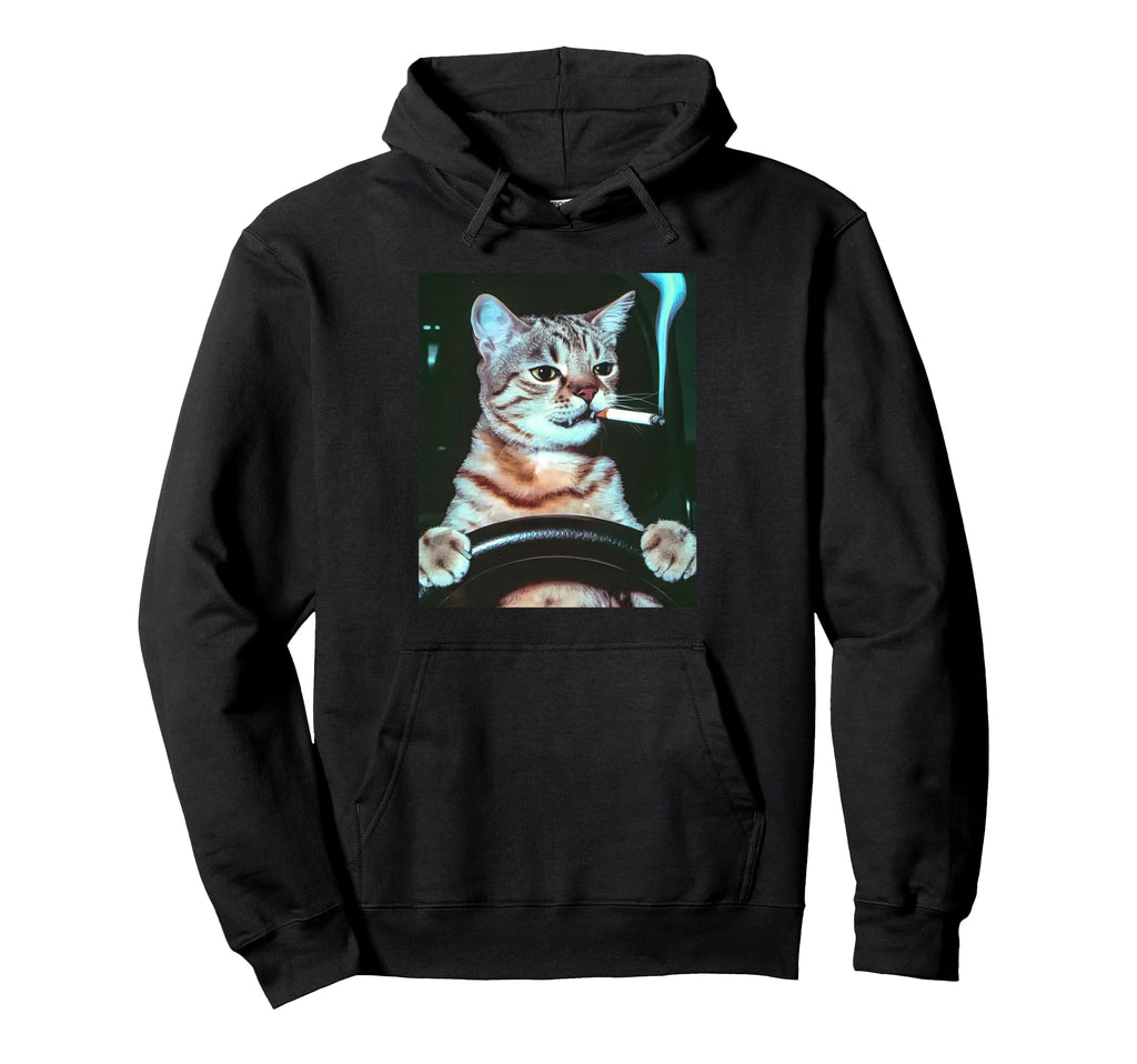 Cat Smoking Driving Grunge Kitty Edgy Hoodie - Fun Novelty Design Unisex - T-Shirt, Sweatshirt, Hoodie