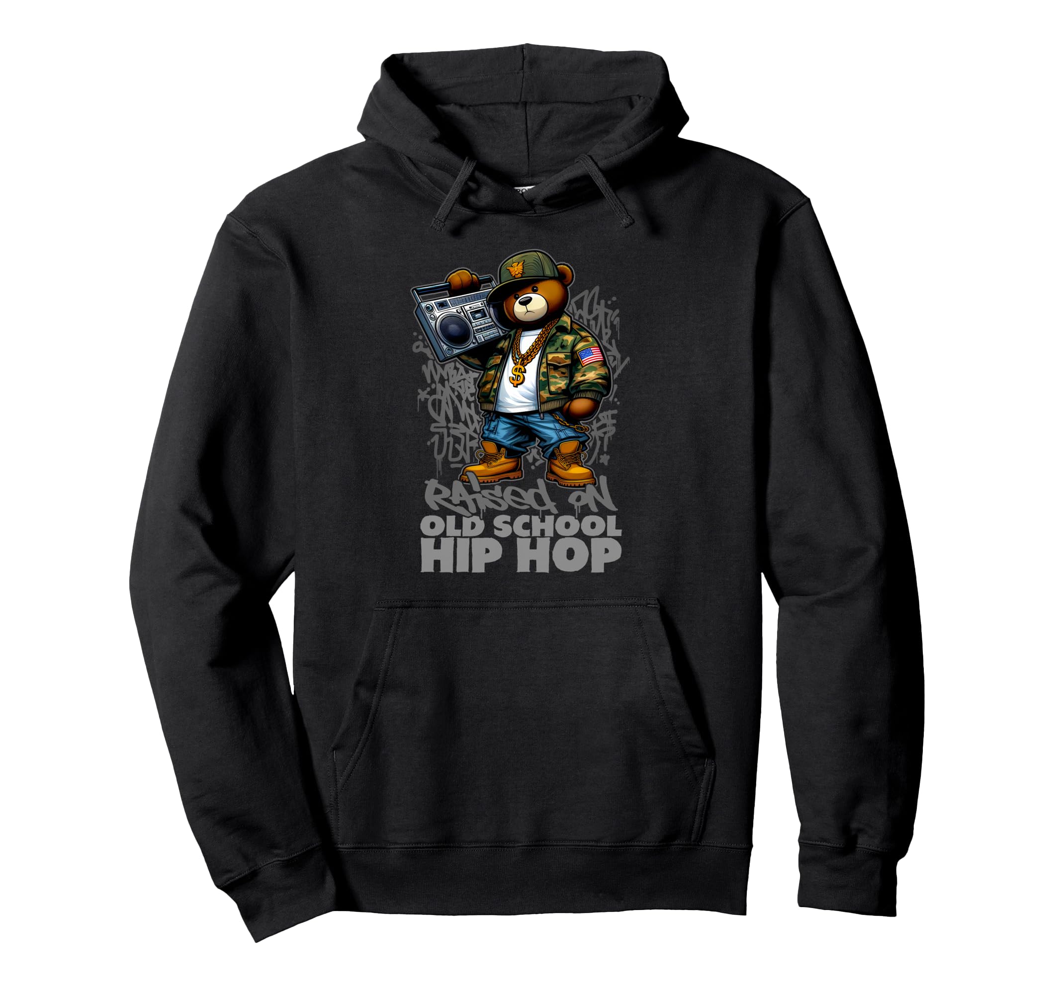 Raised Old School Hip Hop Teddy Bear Hoodie - Trendy Graphic for Adults - T-Shirt, Sweatshirt, Hoodie