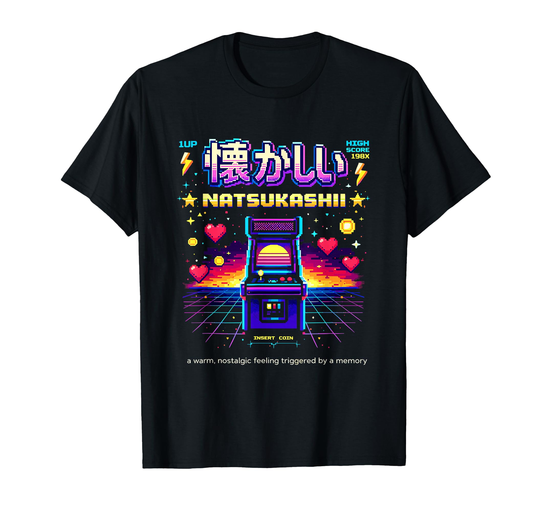 Natsukashii Arcade Gaming Pixel Art T-Shirt - Graphic Print for Adults - T-Shirt, Sweatshirt, Hoodie