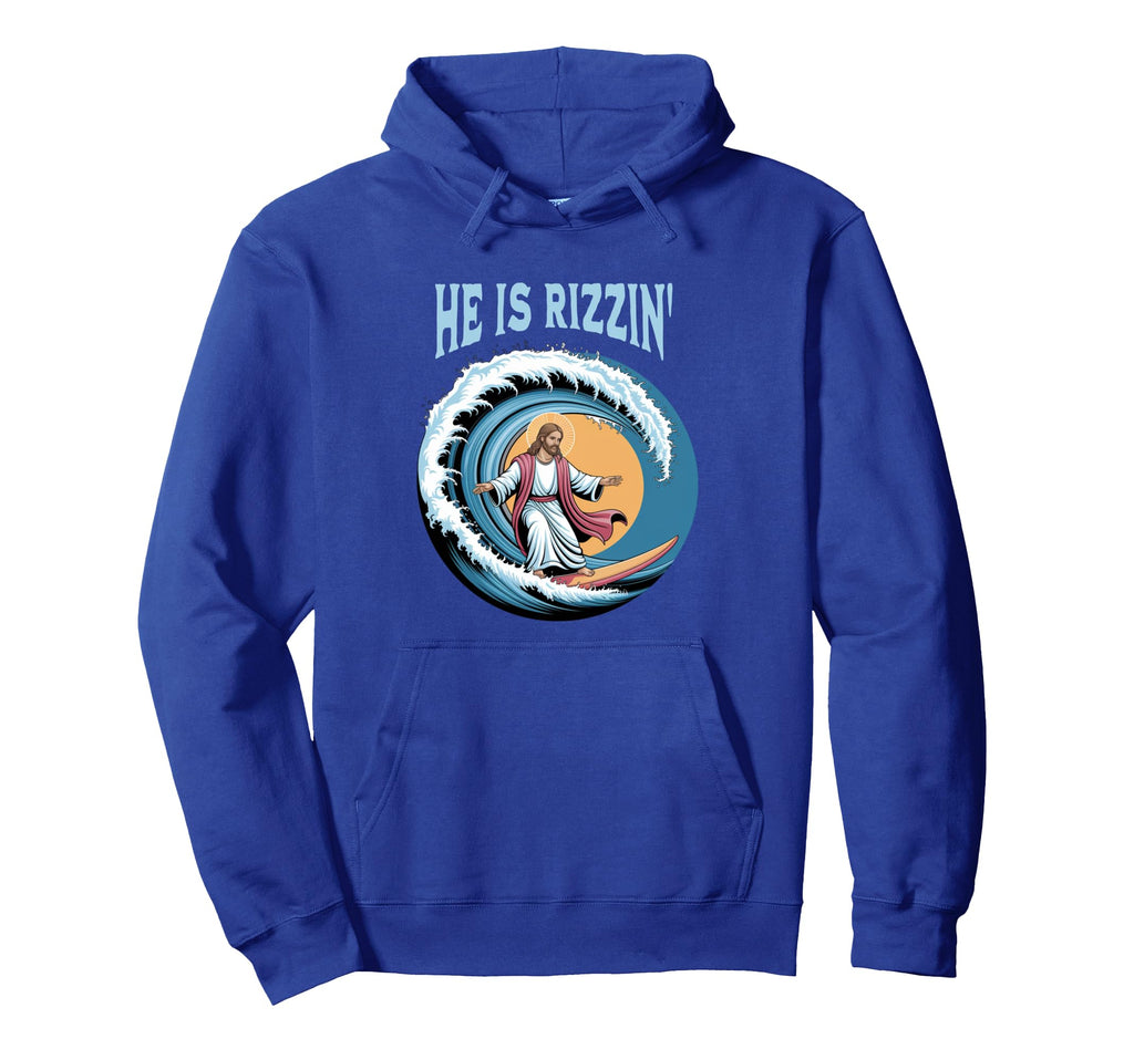 He Is Rizzin Jesus Surfing Funny Hoodie - Minimalist Print for Adults - T-Shirt, Sweatshirt, Hoodie