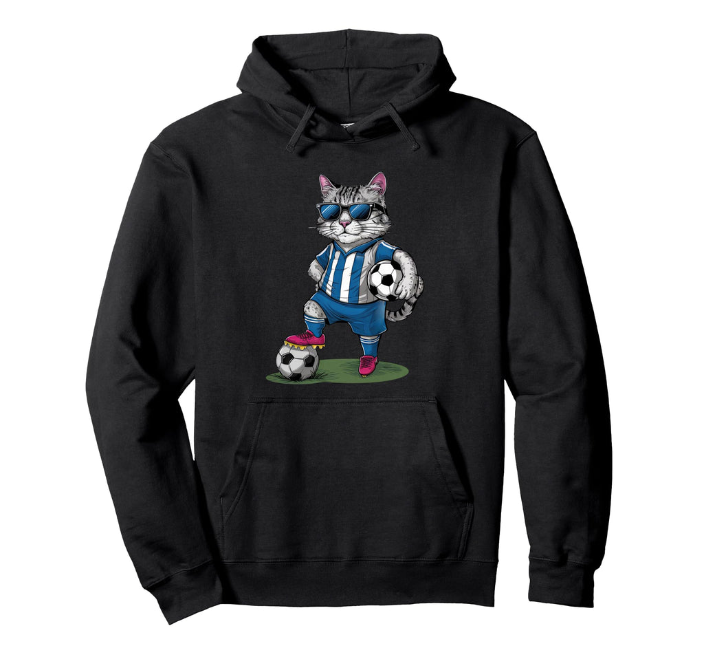 Funny Soccer Cat Cartoon Sports Fan Hoodie - Minimalist Print for Adults - T-Shirt, Sweatshirt, Hoodie