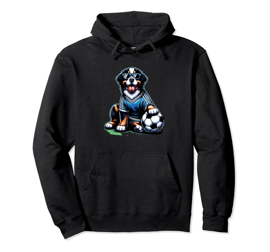 Bernese Mountain Dog Soccer Player Hoodie - Novelty Apparel for Adults - T-Shirt, Sweatshirt, Hoodie