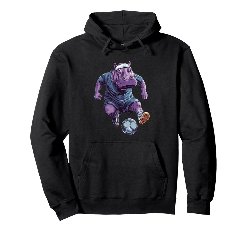 Funny Hippo Playing Soccer Hoodie - Fun Novelty Design for Adults - T-Shirt, Sweatshirt, Hoodie