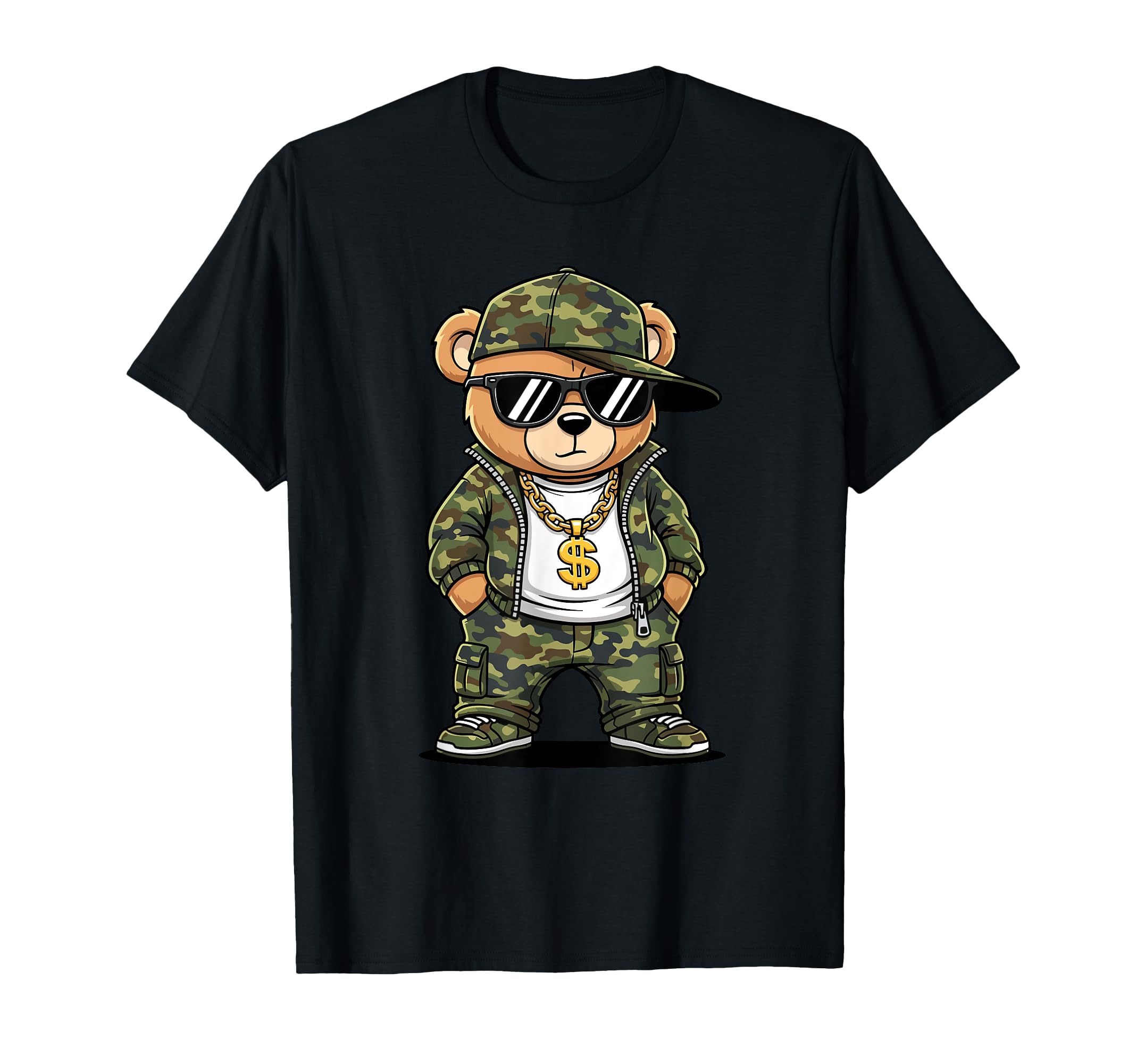 Camoflage Hip Hop Bear 80S 90S Old T-Shirt - Unique Graphic Men Women - T-Shirt, Sweatshirt, Hoodie