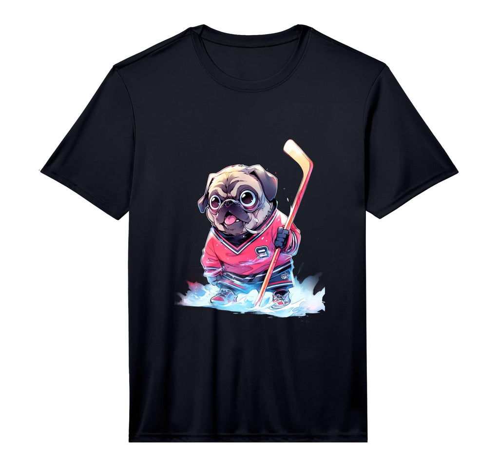 Pug Ice Hockey Player Dog Hockey Stick T-Shirt - Fun Novelty Design Unisex - T-Shirt, Sweatshirt, Hoodie