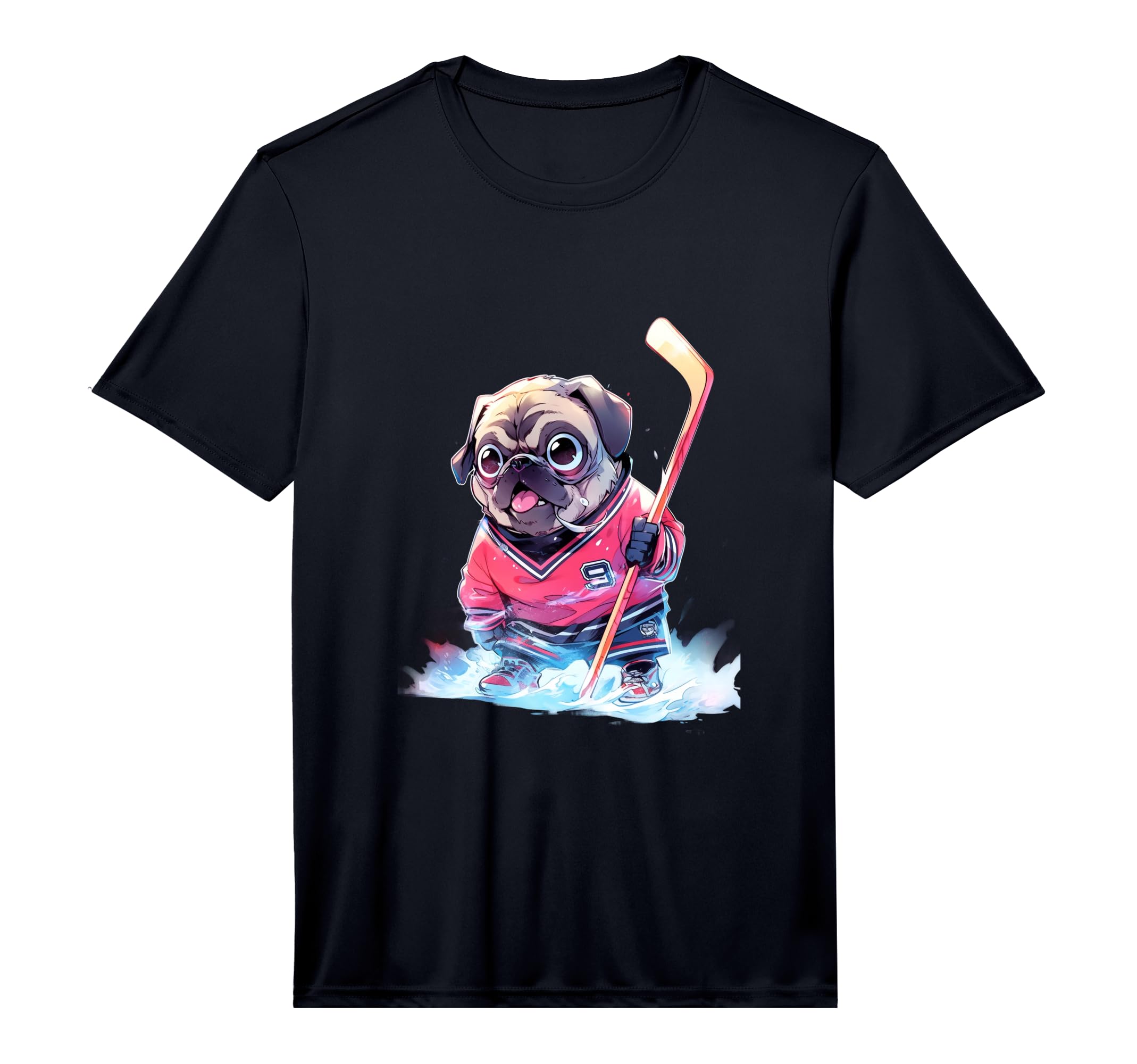 Pug Ice Hockey Player Dog Hockey Stick T-Shirt - Fun Novelty Design Unisex - T-Shirt, Sweatshirt, Hoodie