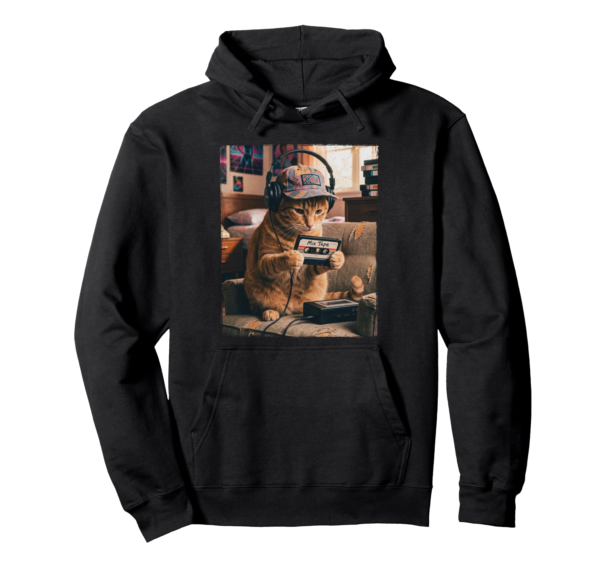 80S Cat Wearing Headphone Listening To Hoodie - Novelty Apparel Men Women - T-Shirt, Sweatshirt, Hoodie