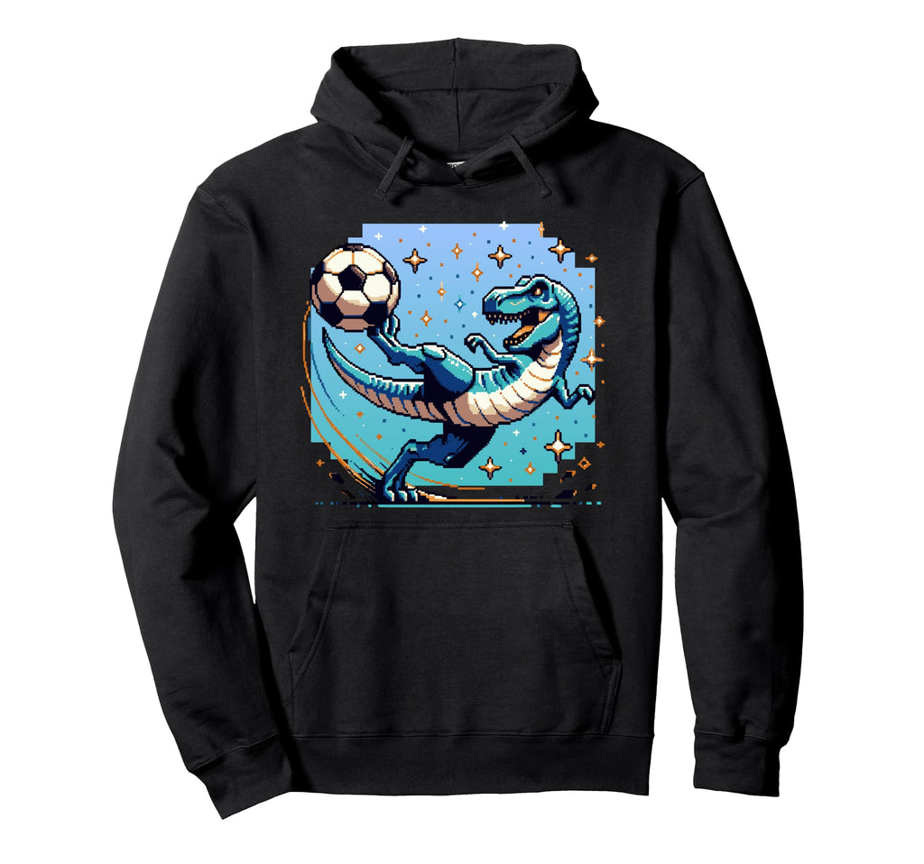 T Rex Dinosaur Kicking Soccer Ball Hoodie - Casual Everyday Wear Men Women - T-Shirt, Sweatshirt, Hoodie