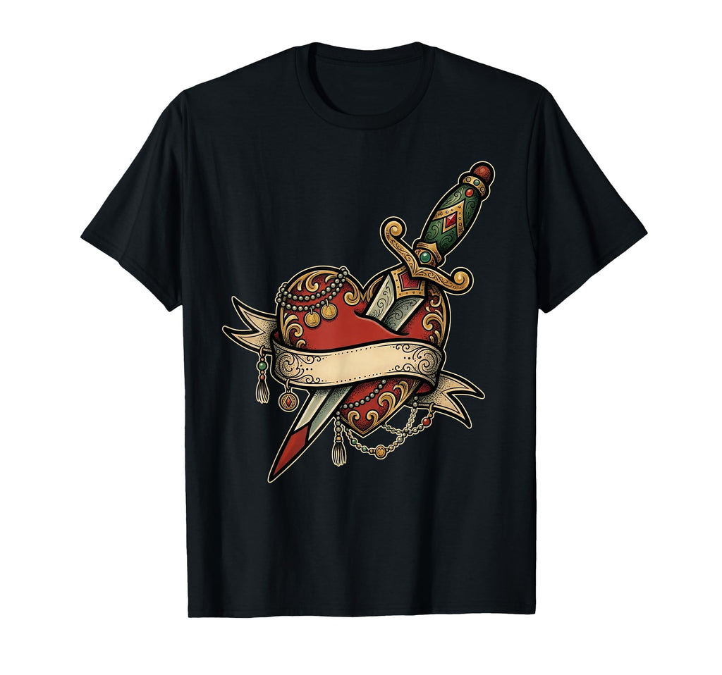 Heart Tattoo Traditional Dagger Banner Flash T-Shirt - Graphic Print Unisex - T-Shirt, Sweatshirt, Hoodie