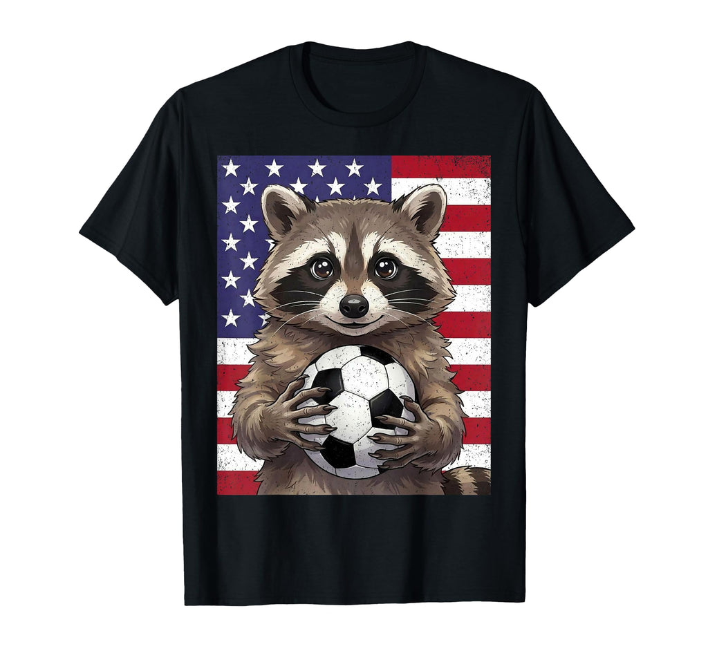 Raccoon Holding Soccer Ball American Flag T-Shirt - Graphic Print Unisex - T-Shirt, Sweatshirt, Hoodie