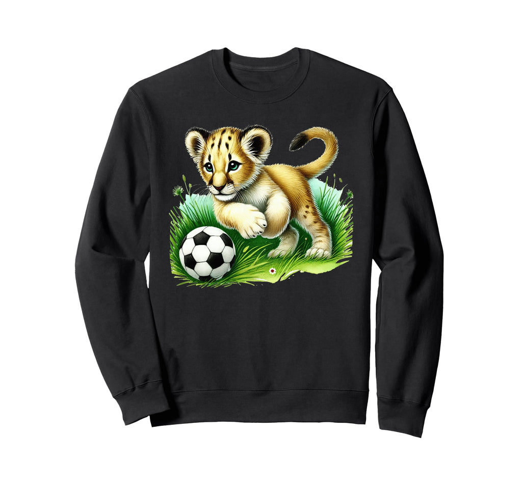 Adorable Lion Cub Kicking Soccer Ball Sweatshirt - Aesthetic Graphic Unisex - T-Shirt, Sweatshirt, Hoodie