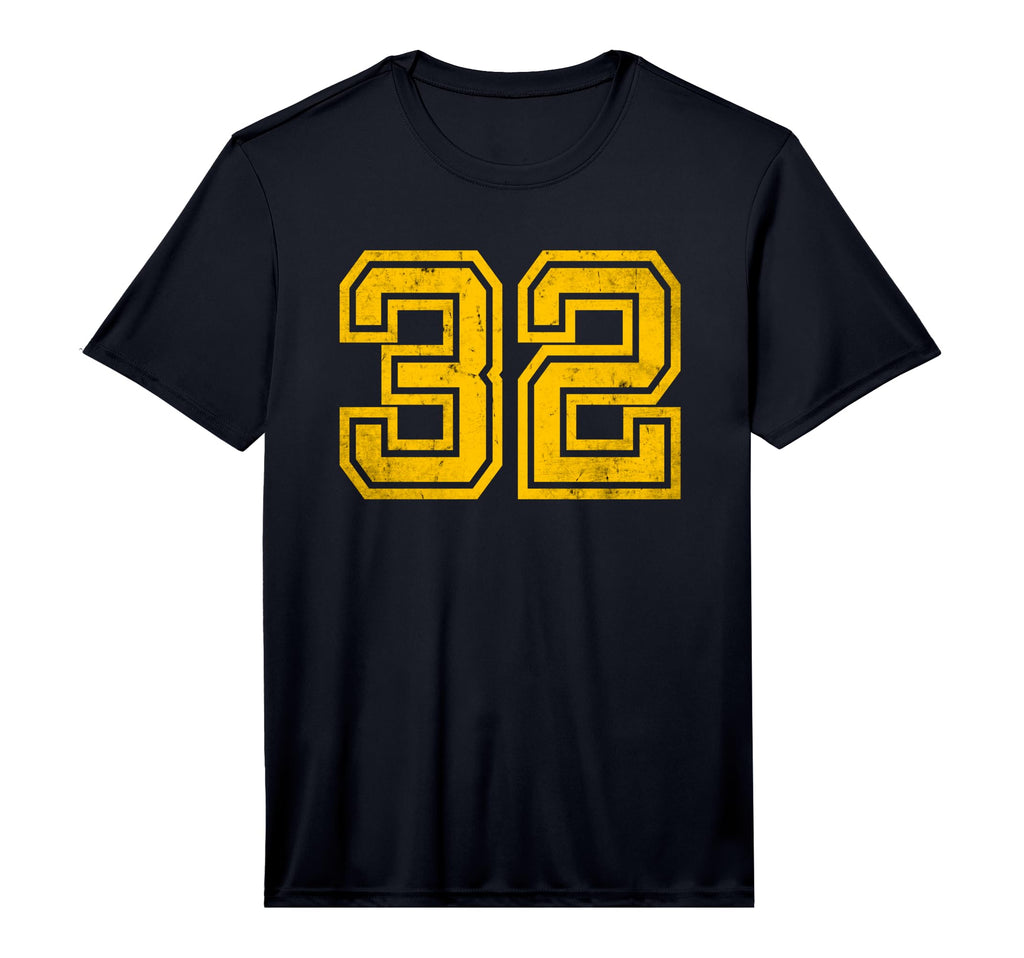 Number 32 Distressed Yellow Varsity Number T-Shirt - Trendy Graphic Unisex - T-Shirt, Sweatshirt, Hoodie