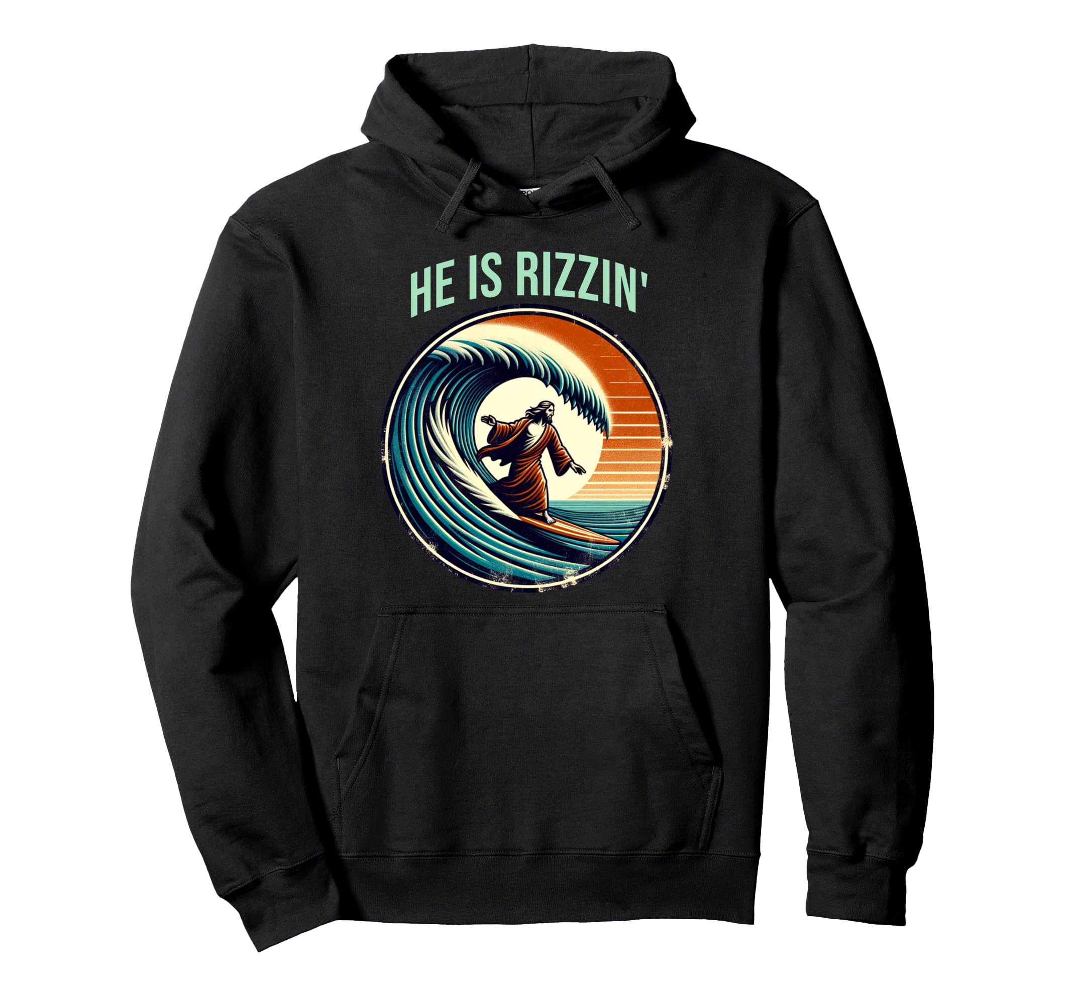He Is Rizzin Jesus Surfing Funny Easter Hoodie - Graphic Print Unisex - T-Shirt, Sweatshirt, Hoodie