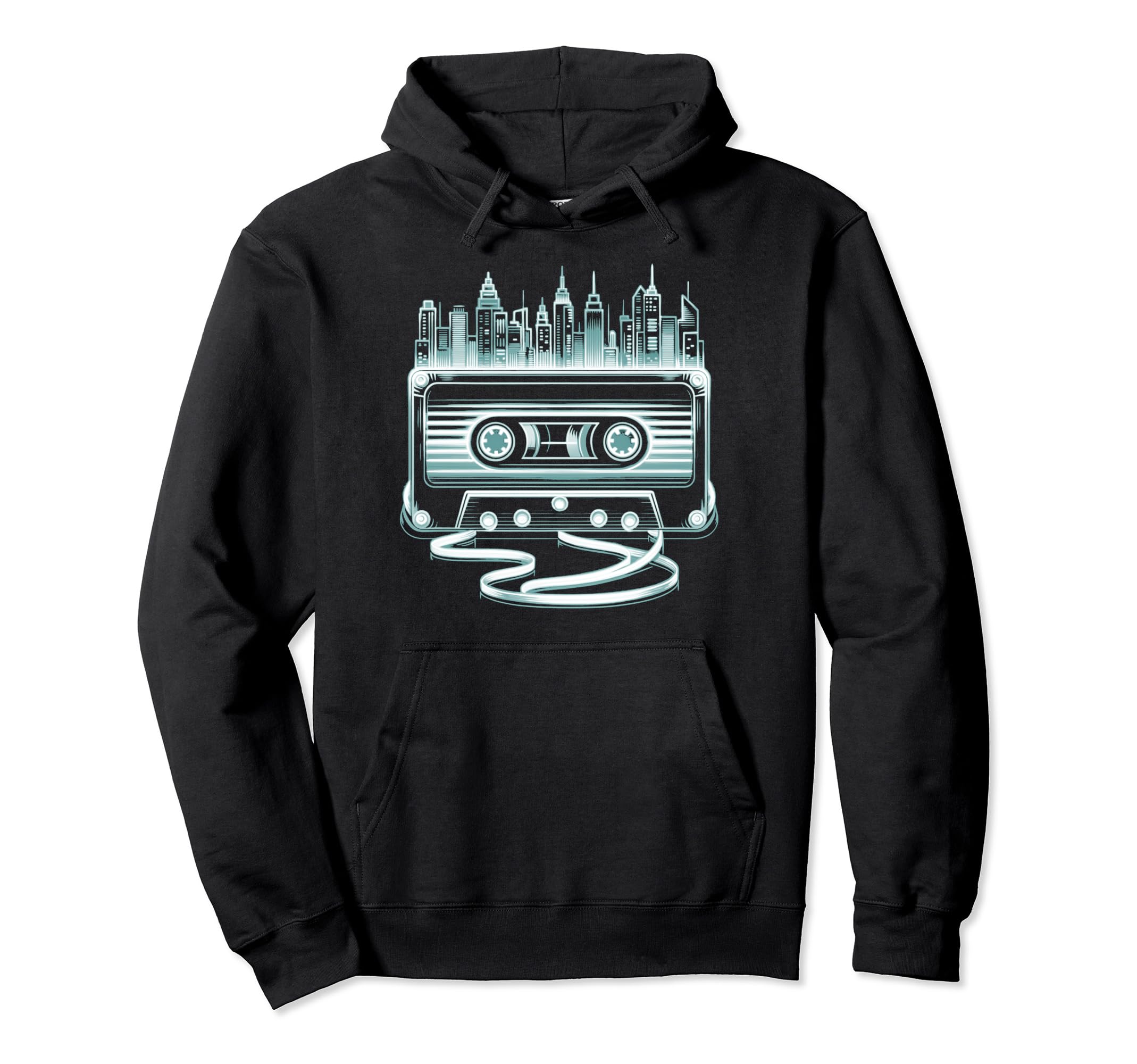 Cassette Tape And City Skyline Hoodie - Streetwear Style Unisex - T-Shirt, Sweatshirt, Hoodie