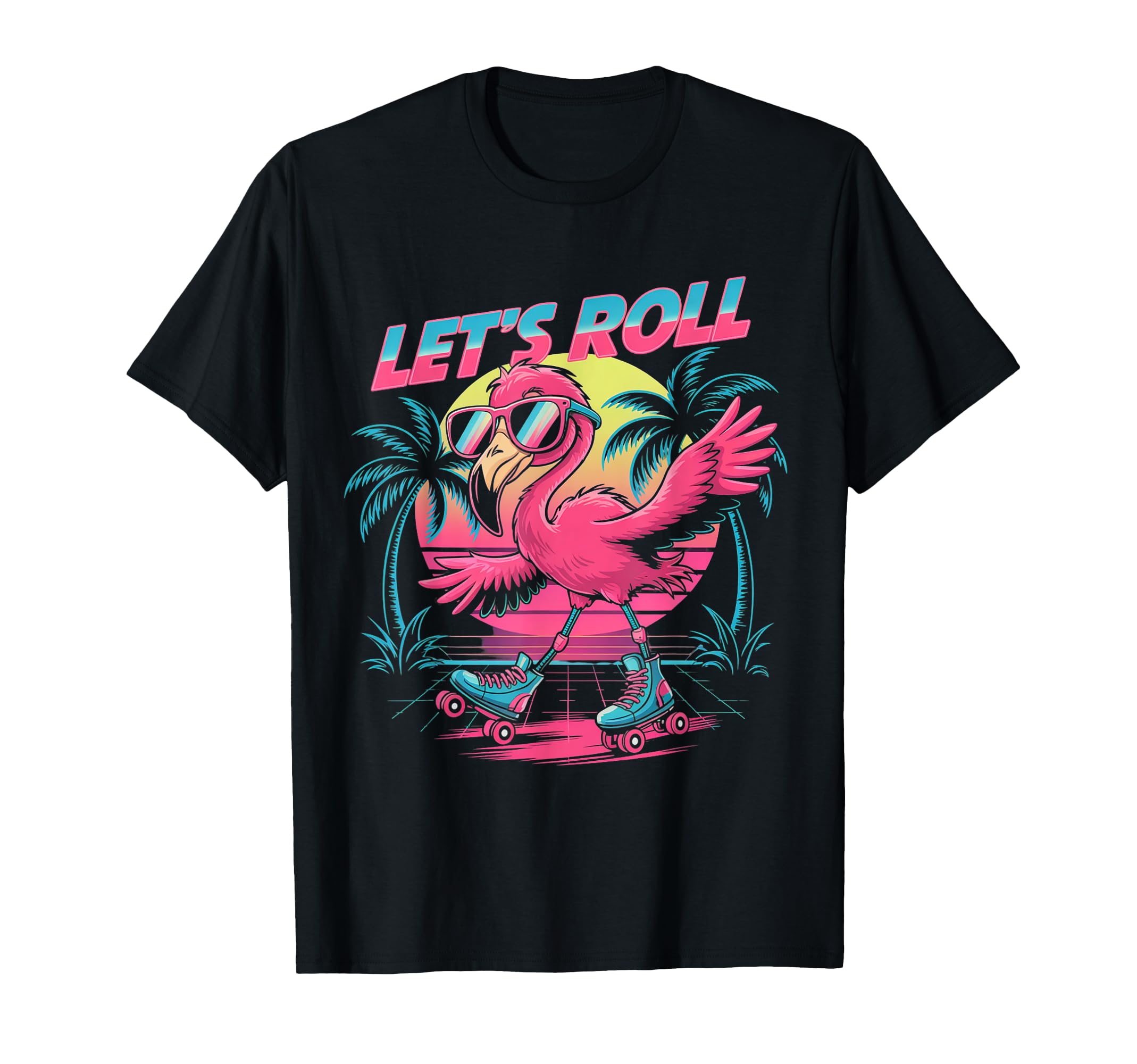 Lets Roll Flamingo Roller Skates Sunset T-Shirt - Graphic Print for Adults - T-Shirt, Sweatshirt, Hoodie
