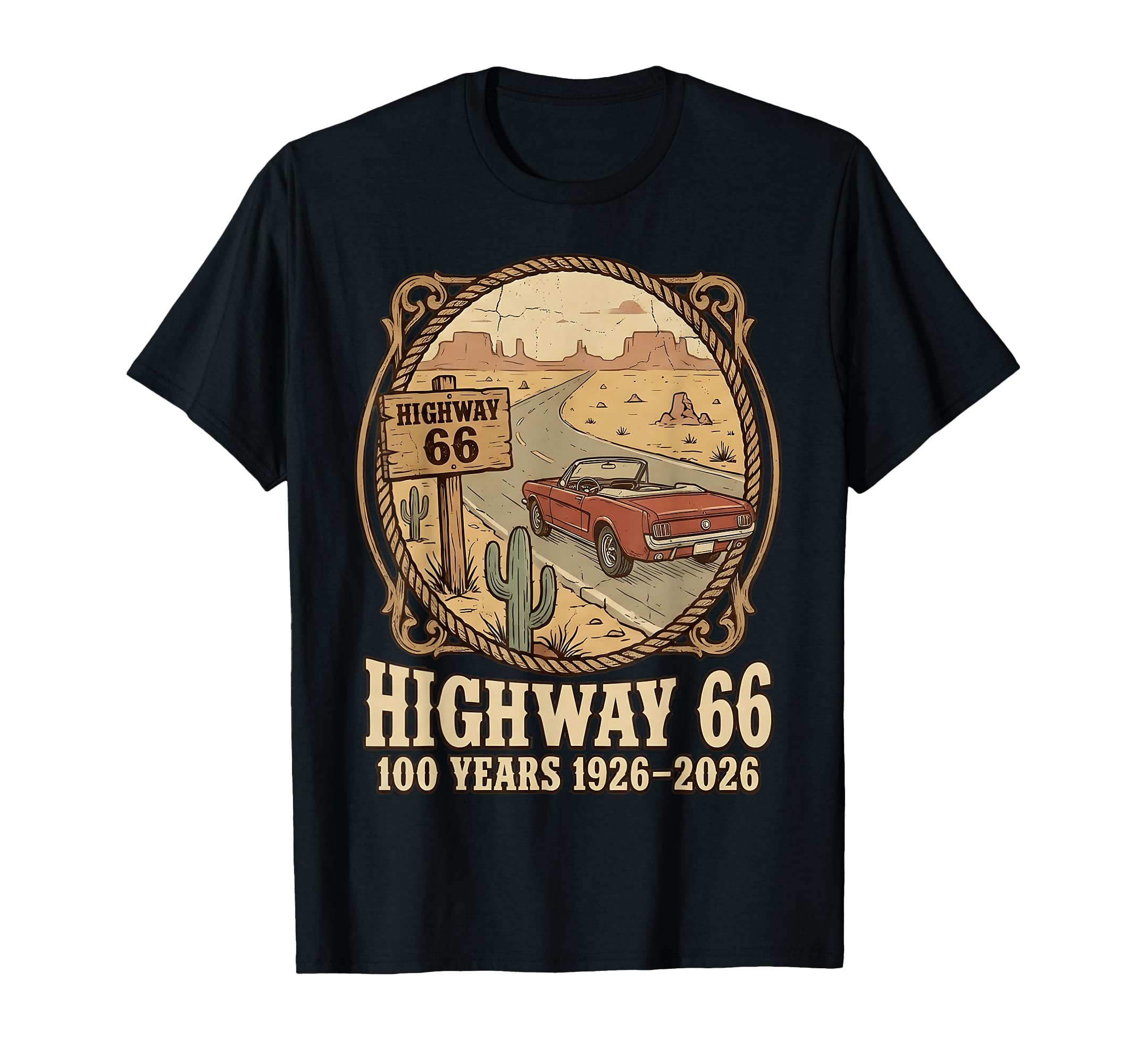 Highway 66 100 Years 1926 2026 Car T-Shirt - Trendy Graphic for Adults - T-Shirt, Sweatshirt, Hoodie