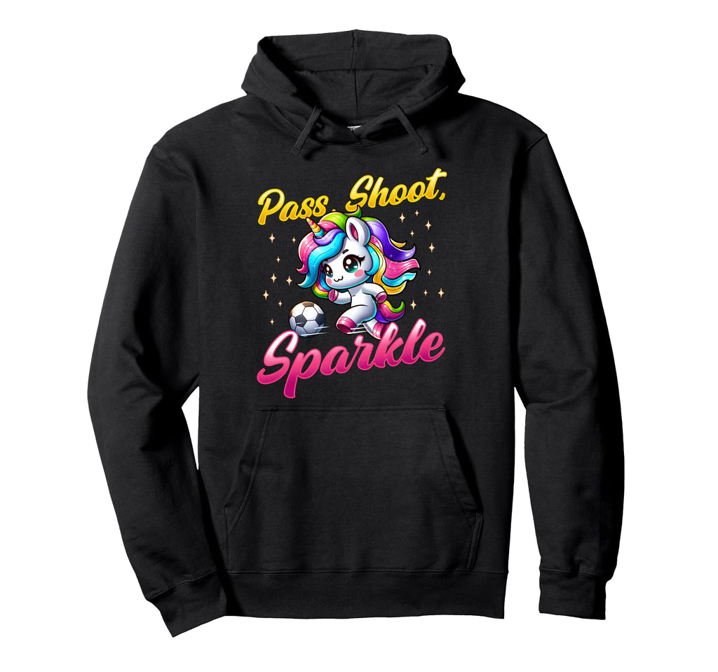Pass Shoot Sparkle Soccer Player Unicorn Hoodie - Unique Graphic for Adults - T-Shirt, Sweatshirt, Hoodie