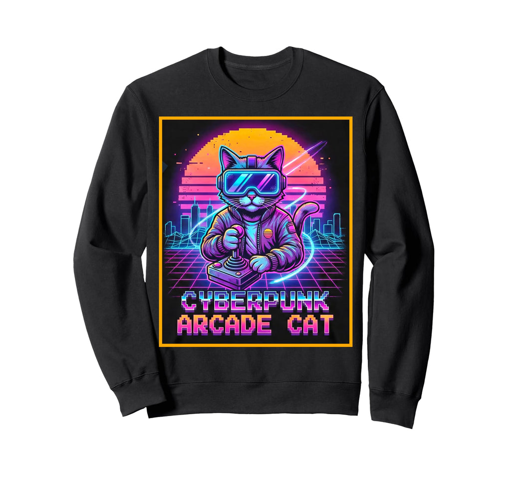 Cyberpunk Arcade Cat Synthwave Sweatshirt - Custom Art Print Men Women - T-Shirt, Sweatshirt, Hoodie