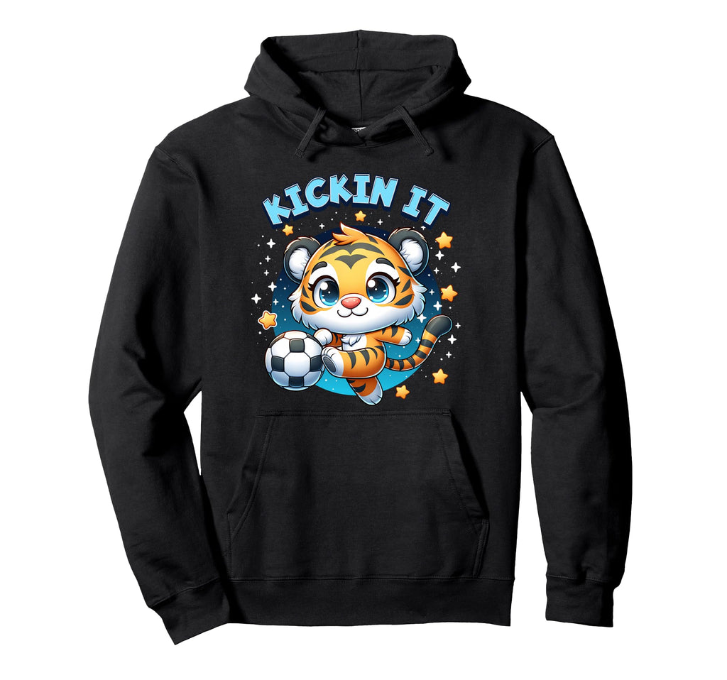 Kickin It Tiger Playing Soccer Hoodie - Fun Novelty Design for Adults - T-Shirt, Sweatshirt, Hoodie
